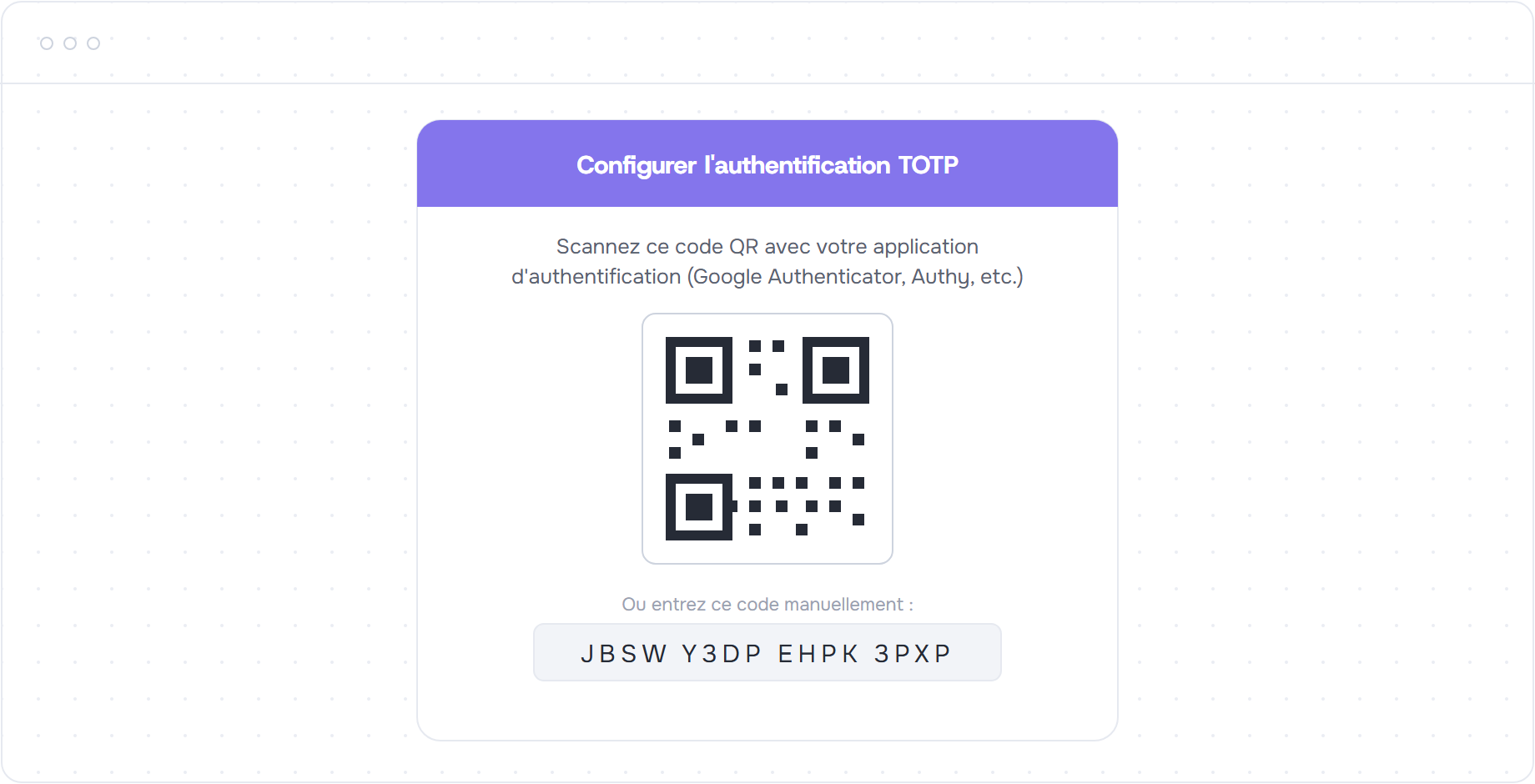 Écran de configuration TOTP avec le code QR et le secret manuel