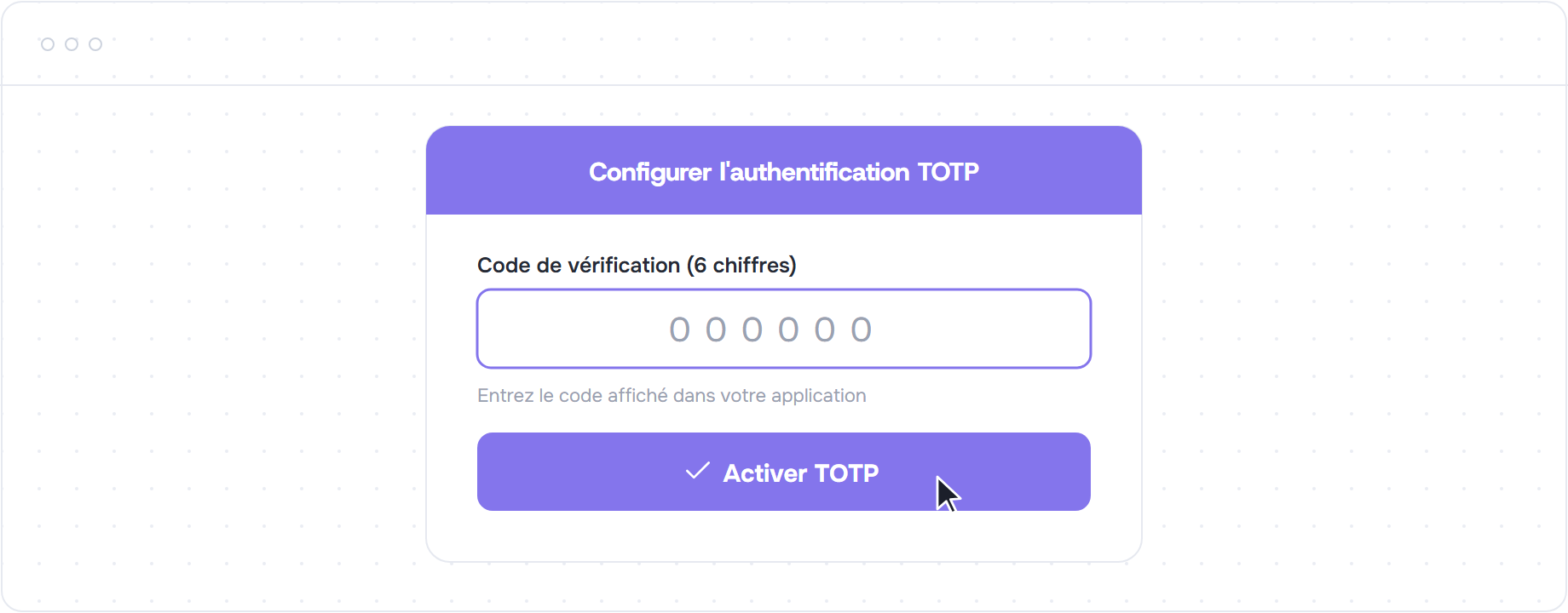 Champ de code de vérification et bouton Activer TOTP