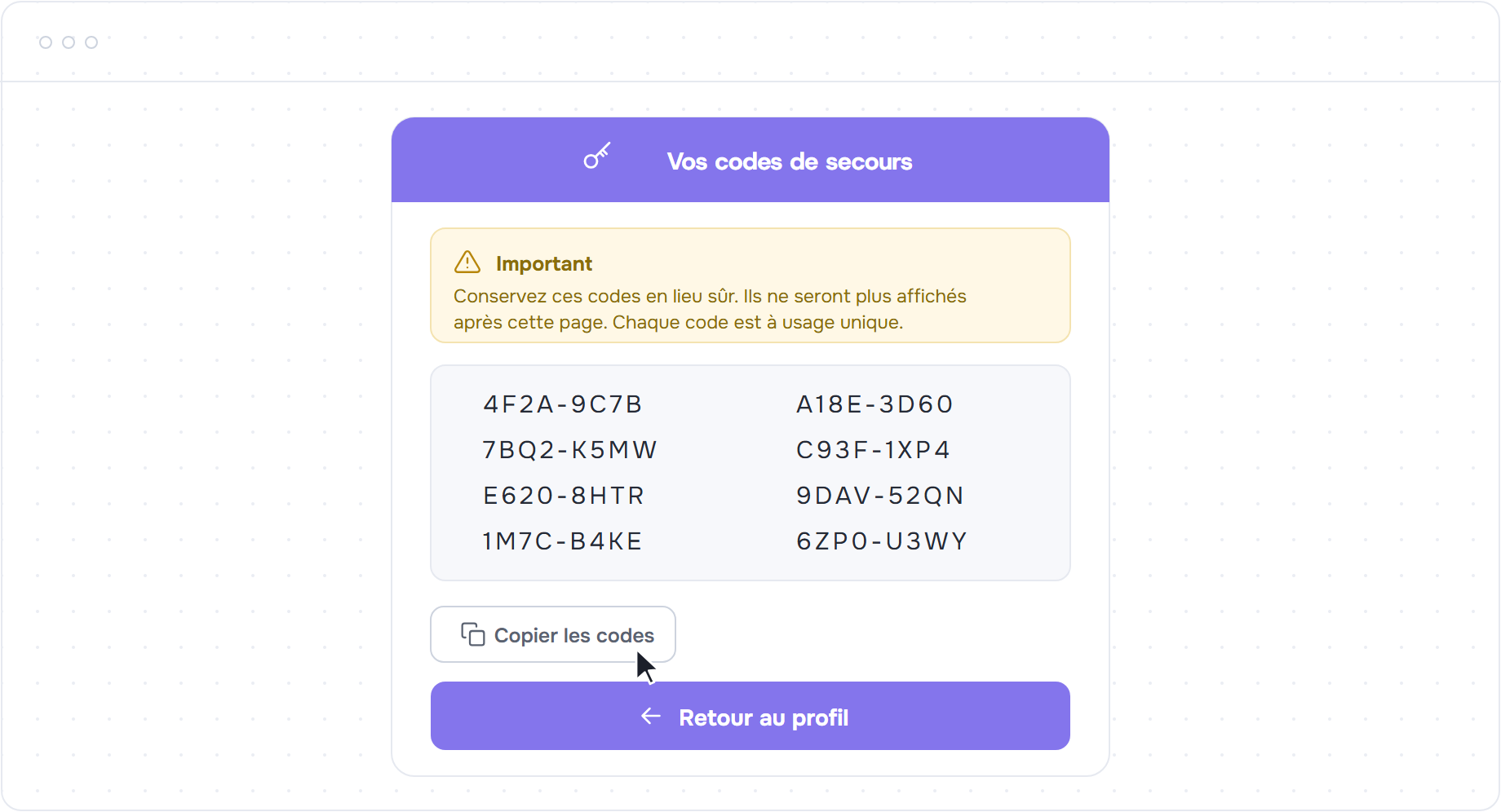Écran des codes de secours à usage unique avec le bouton Copier les codes