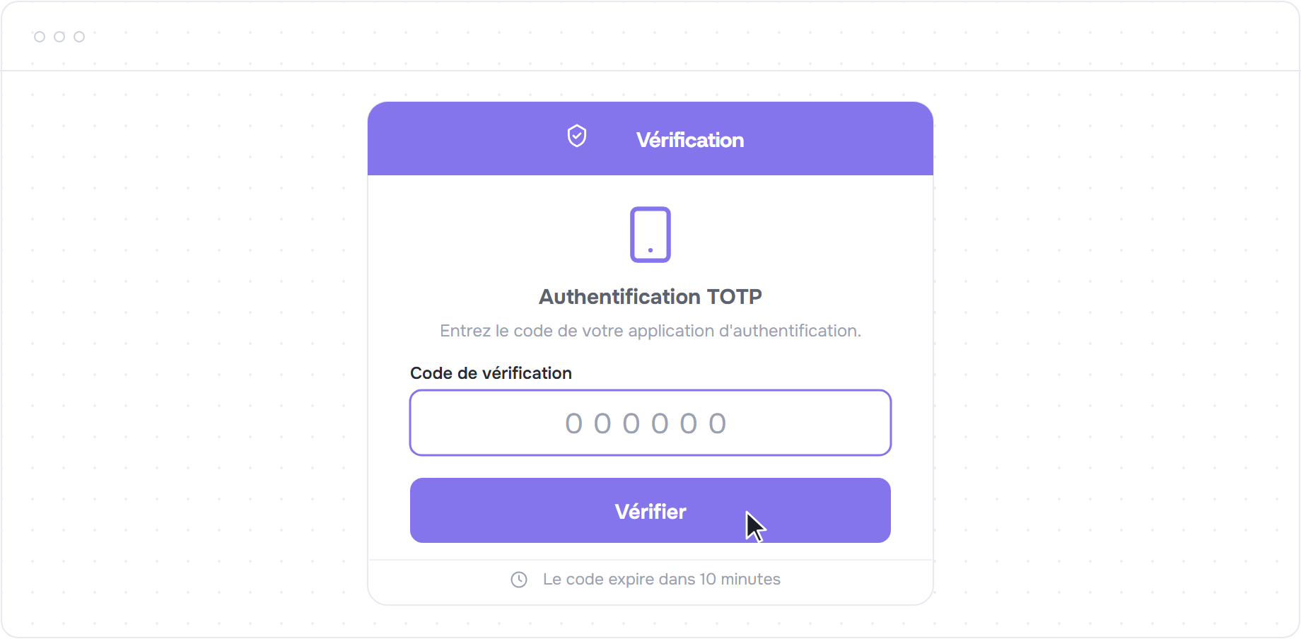 Écran de vérification TOTP à la connexion avec le bouton Vérifier