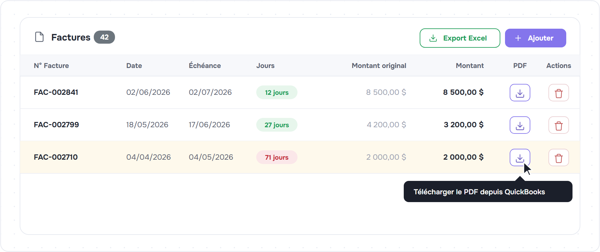 Tableau des factures d'un client avec le bouton de téléchargement du PDF et l'infobulle Télécharger le PDF depuis QuickBooks