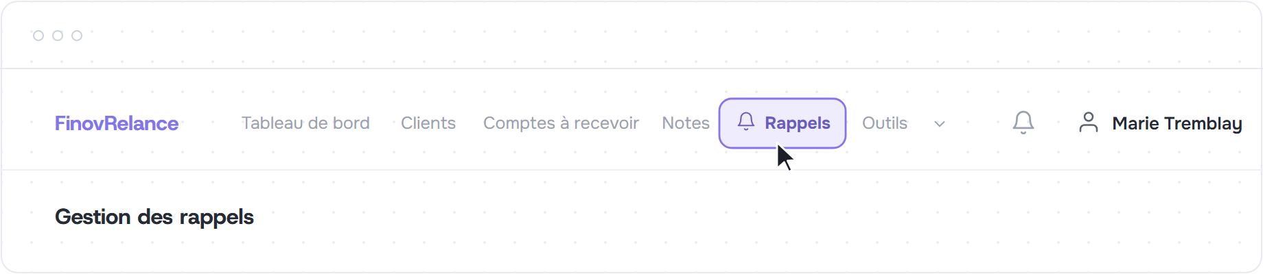 Barre de navigation avec l'onglet Rappels sélectionné
