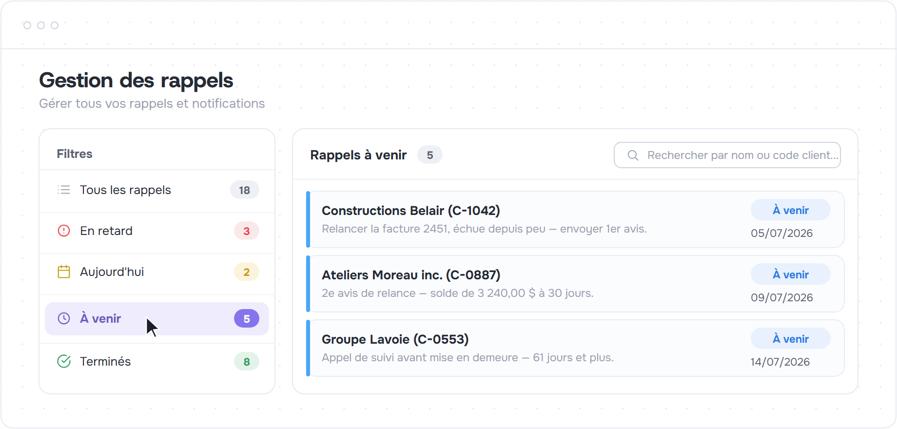 Écran Gestion des rappels avec filtres par statut et liste des rappels à venir