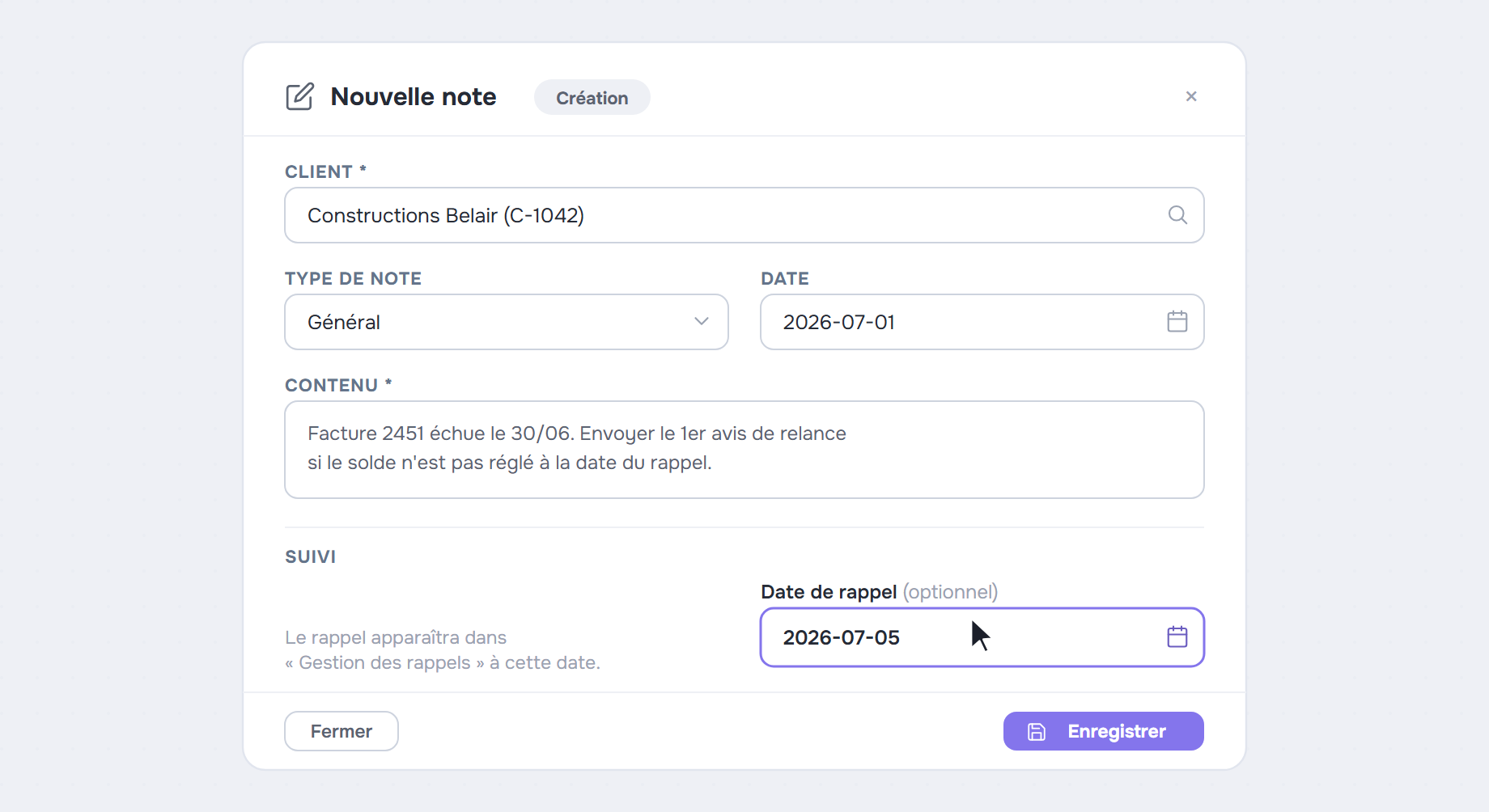 Modale Nouvelle note avec le champ Date de rappel renseigné