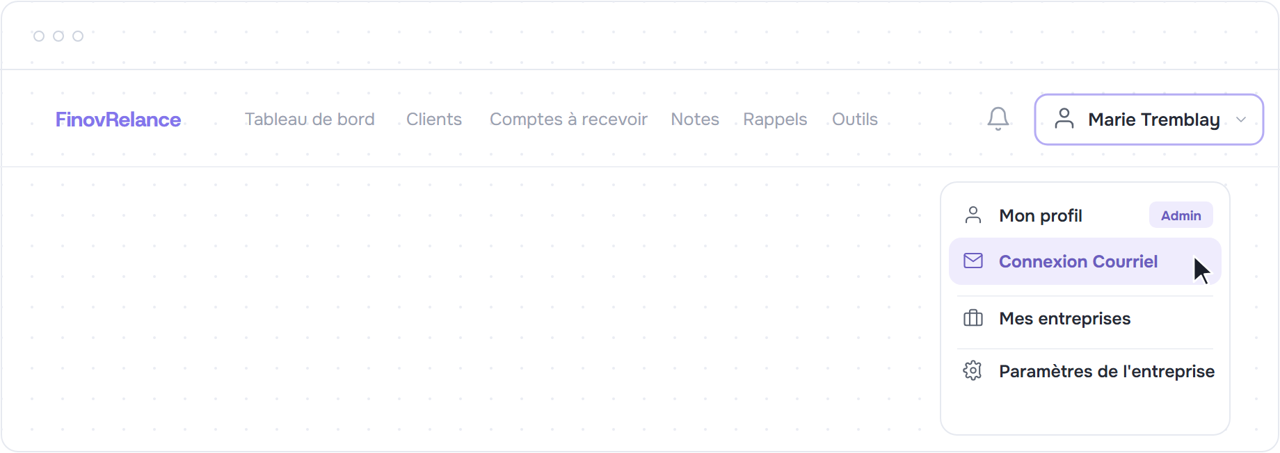 Menu utilisateur ouvert sur Connexion Courriel