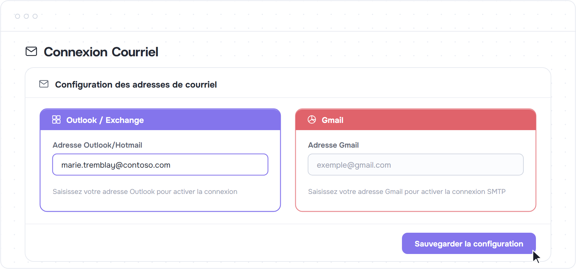 Page Connexion Courriel avec l'adresse Outlook saisie et le bouton Sauvegarder la configuration