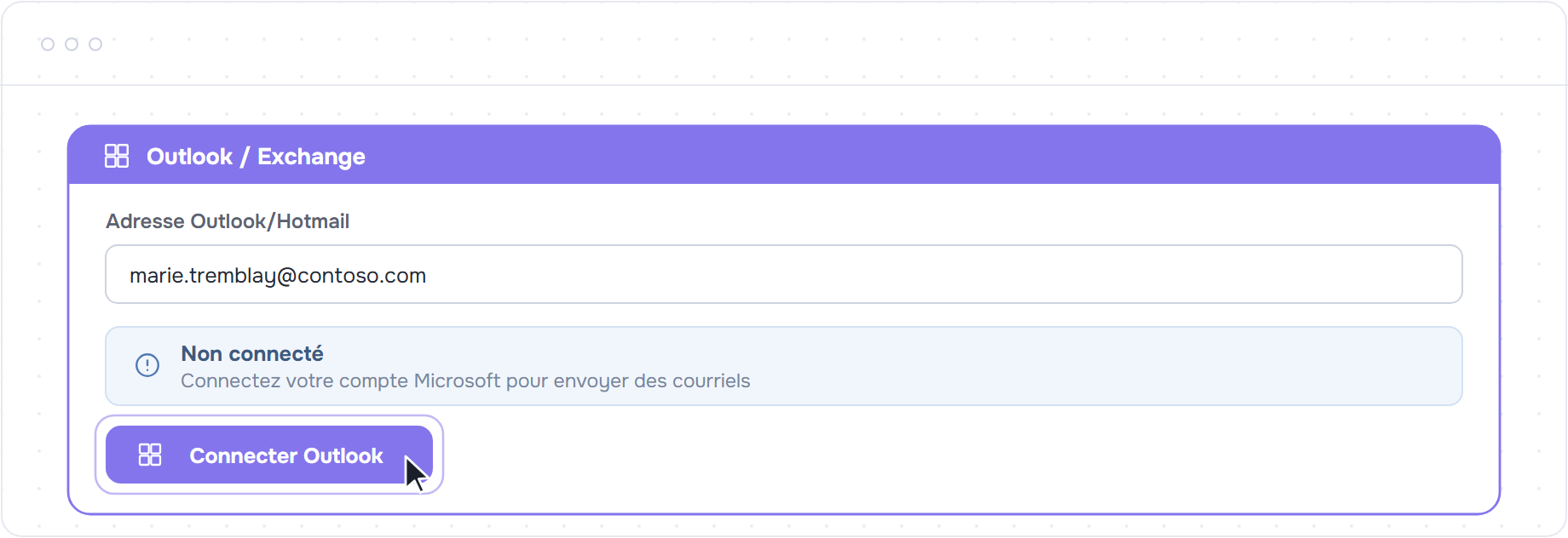 Carte Outlook au statut Non connecté avec le bouton Connecter Outlook