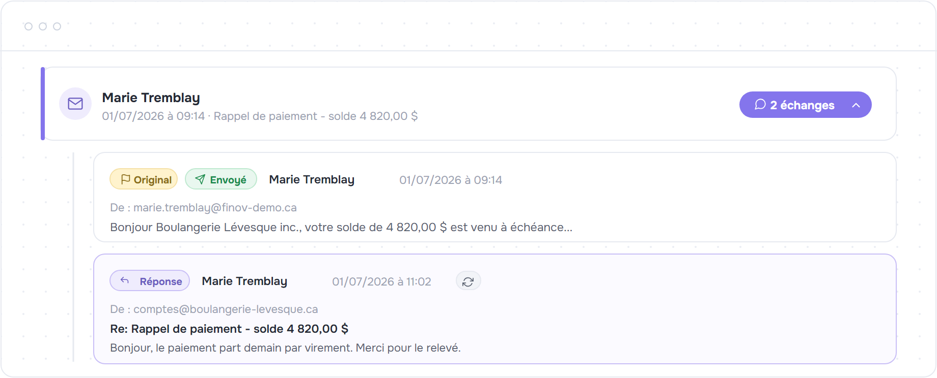 Conversation deroulee montrant le courriel envoye et la reponse rattachee du client