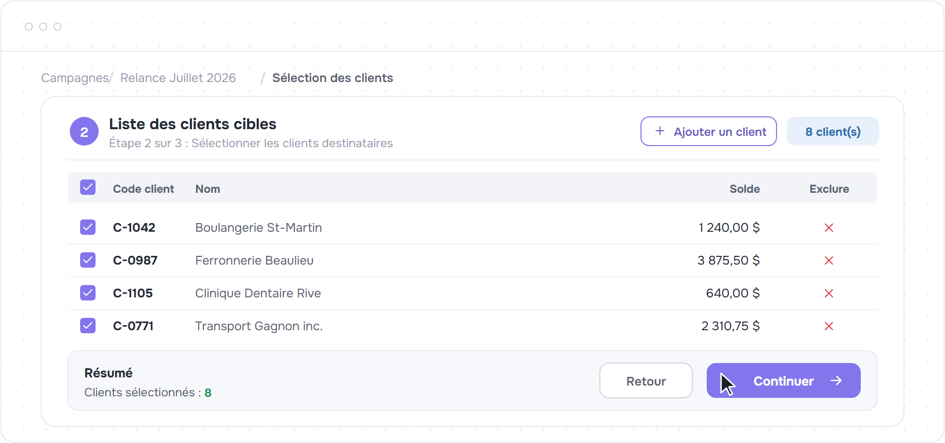 Liste des clients cibles avec cases a cocher, solde et bouton Continuer