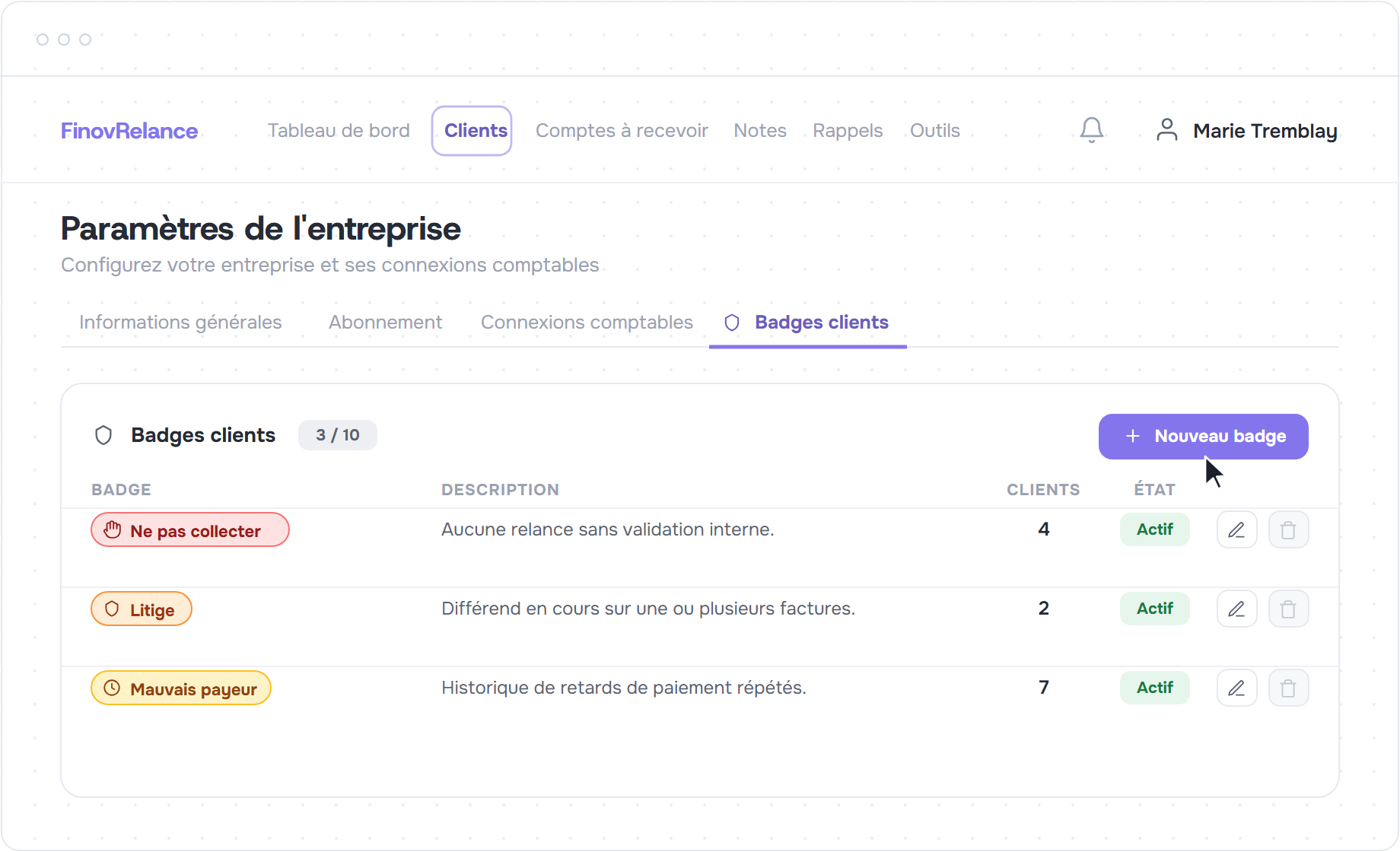 Onglet Badges clients des paramètres de l'entreprise, avec les trois badges de base, leur description, le nombre de clients et les actions modifier et supprimer