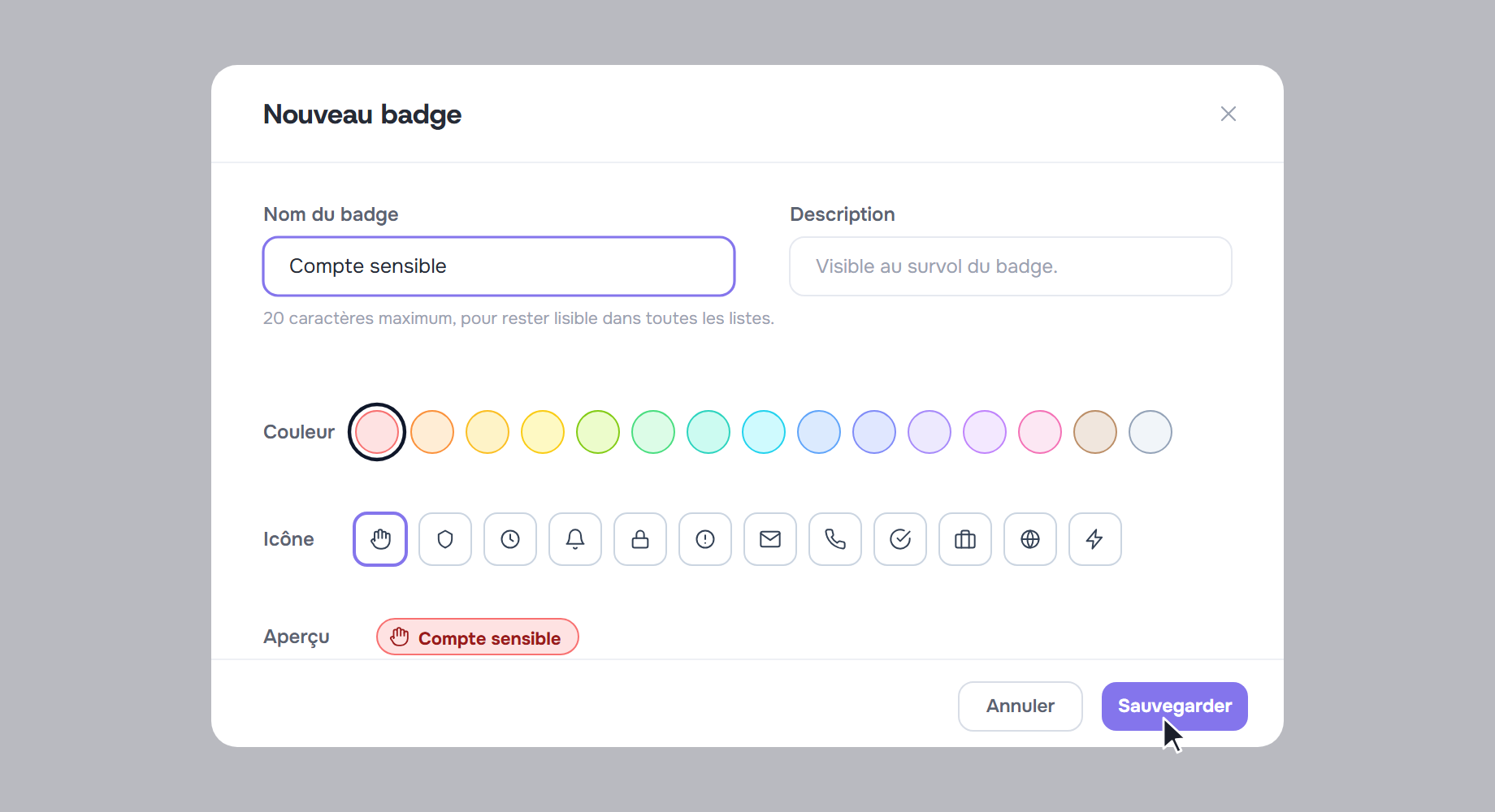 Fenêtre de création d'un badge avec le nom, la description, la palette de 15 couleurs, la grille d'icônes et l'aperçu du badge