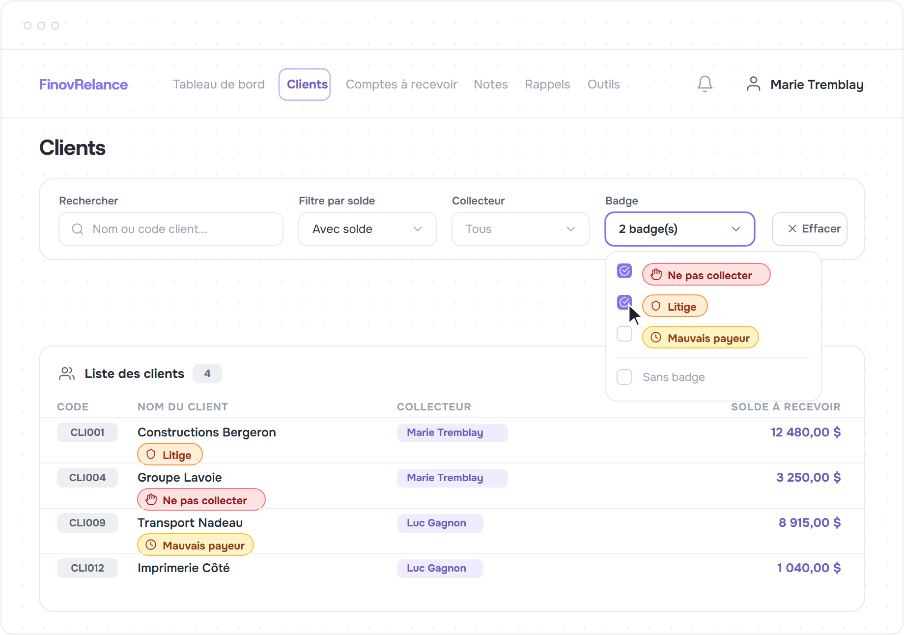 Liste des clients avec le menu de filtre par badge ouvert, deux badges cochés et le badge affiché sous le nom de chaque client