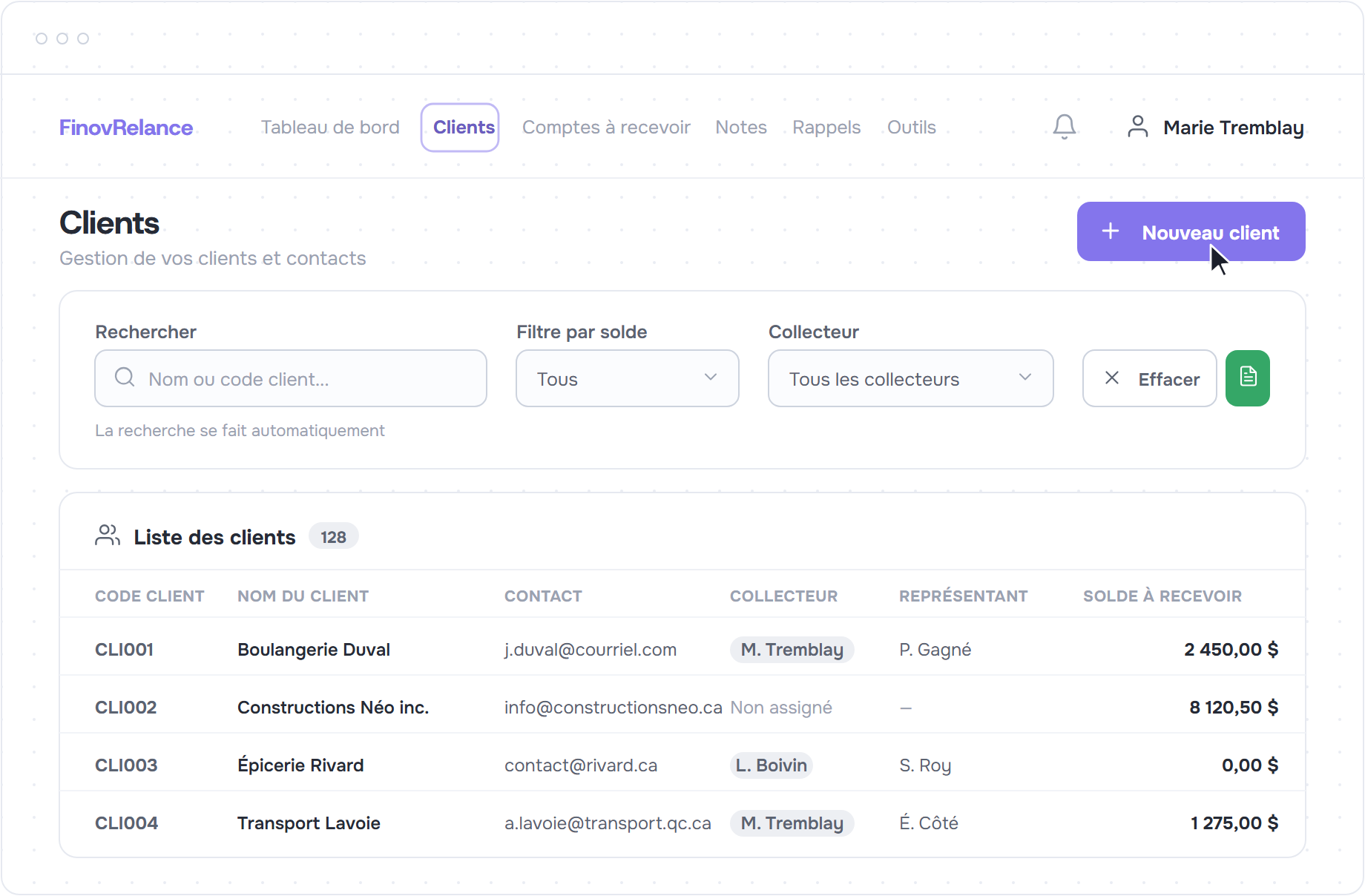 Liste des clients avec la recherche, les filtres par solde et collecteur, et le bouton Nouveau client