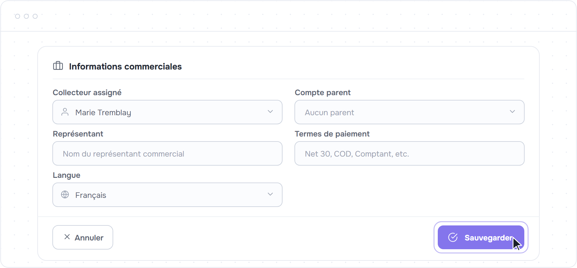 Section informations commerciales du formulaire avec le collecteur, le compte parent et le bouton Sauvegarder