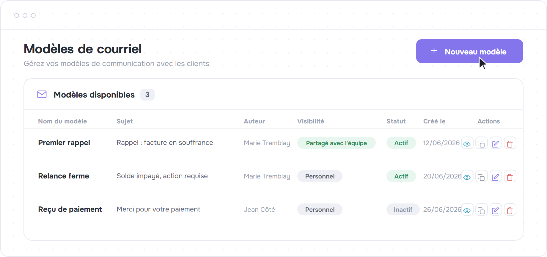 Liste des modèles de courriel avec colonnes Nom, Sujet, Visibilité, Statut et le bouton Nouveau modèle