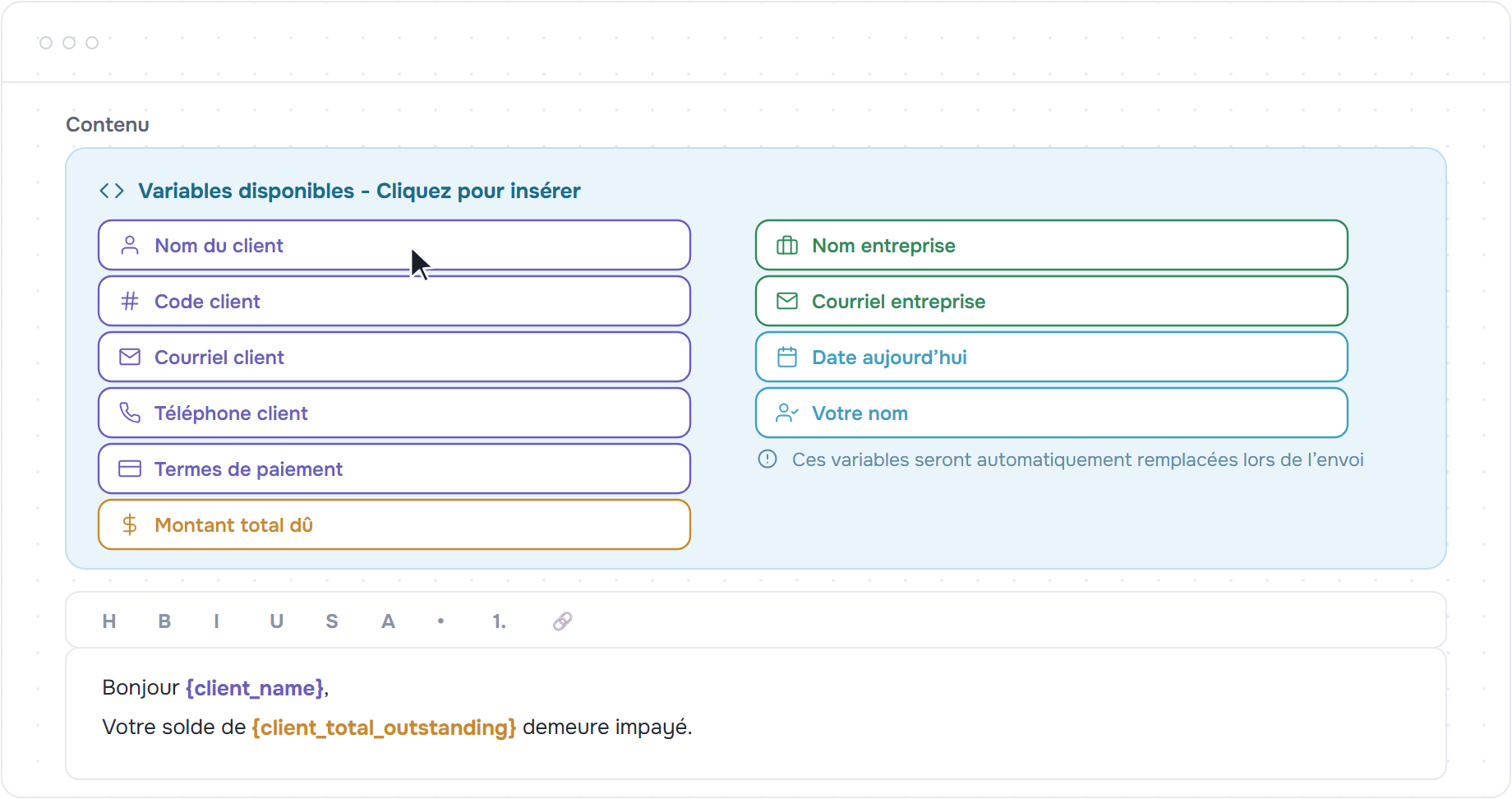 Boutons des dix variables de personnalisation et éditeur de contenu avec les variables insérées