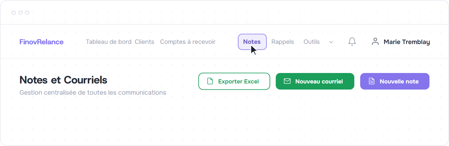 Barre de navigation avec l'onglet Notes et l'en-tête Notes et Courriels