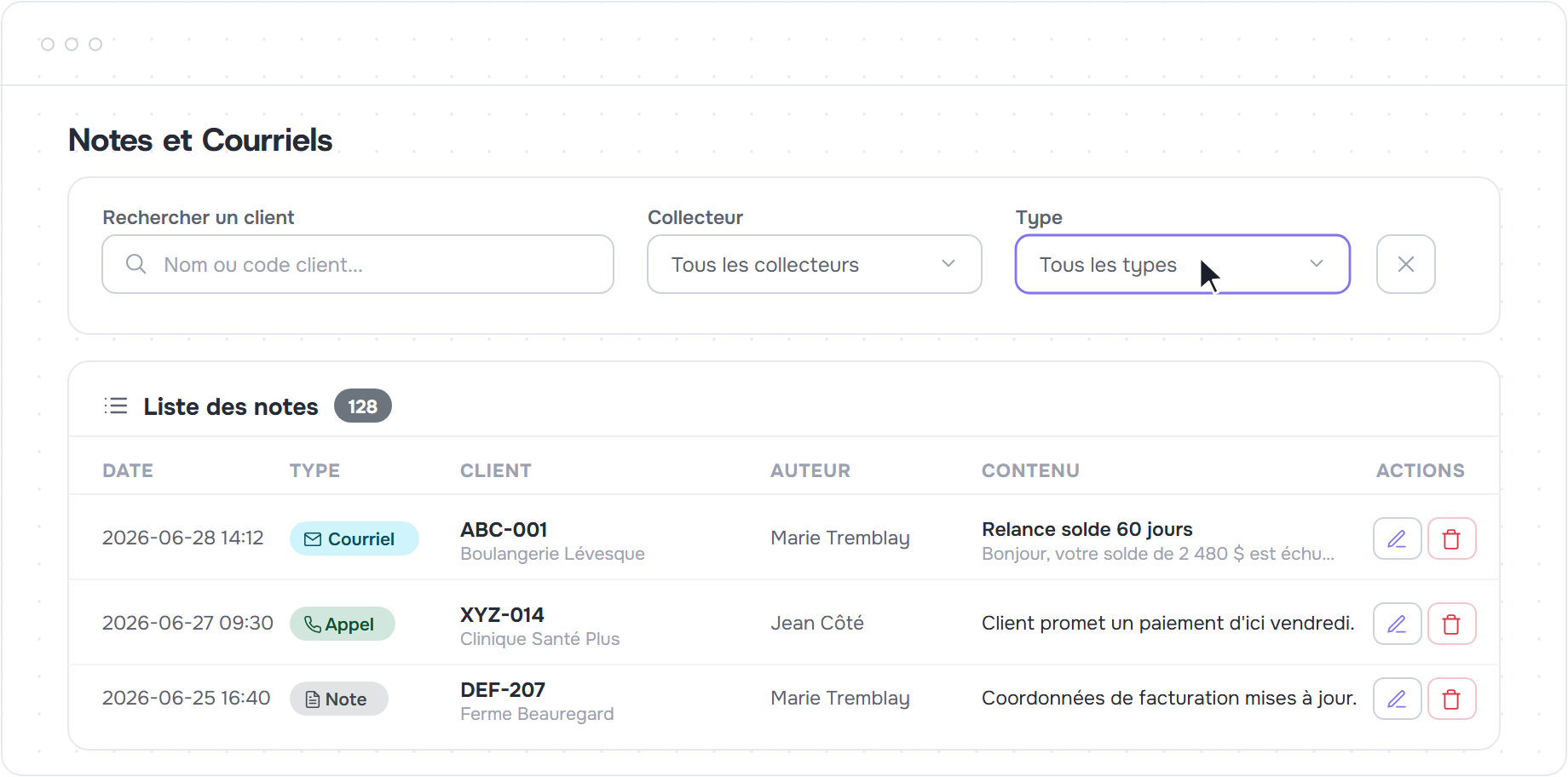 Liste des notes avec filtres par client, collecteur et type