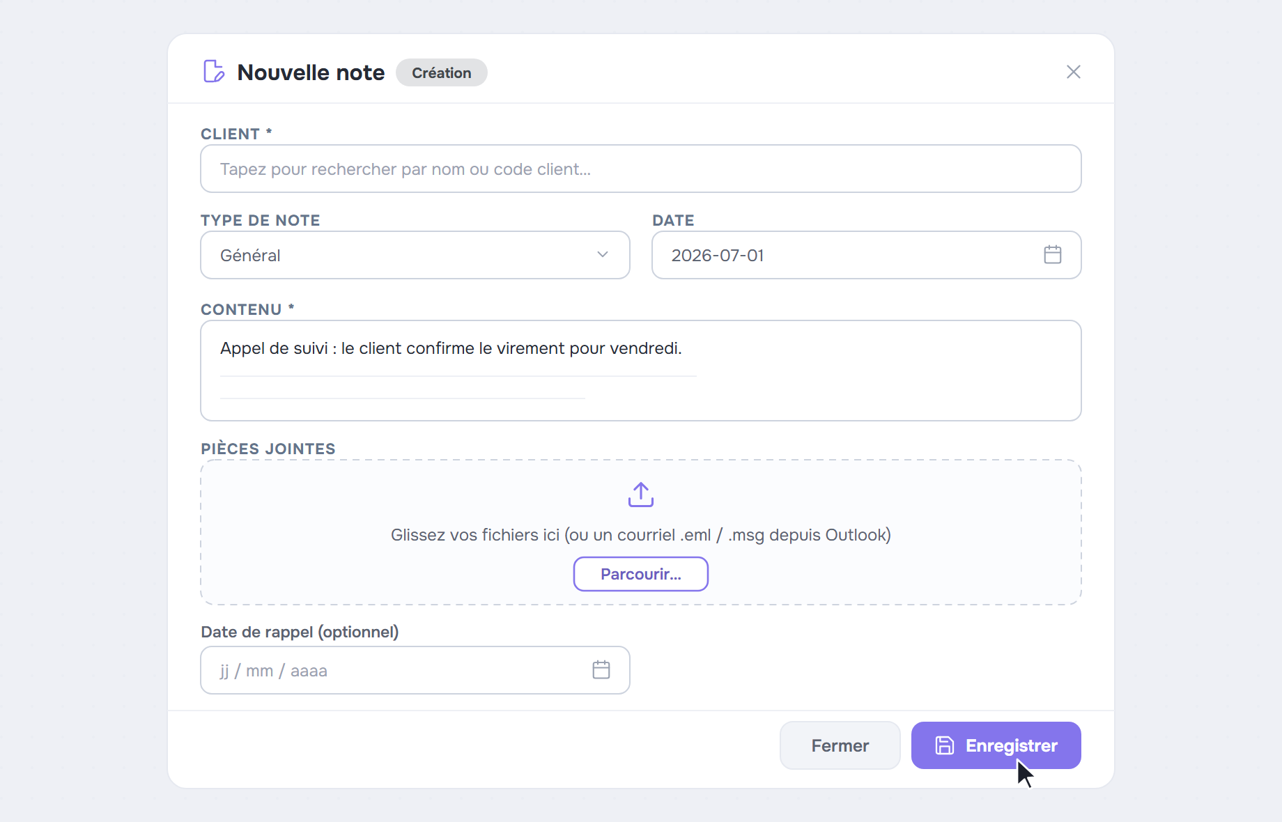 Fenêtre Nouvelle note avec client, type de note, contenu, pièces jointes et rappel