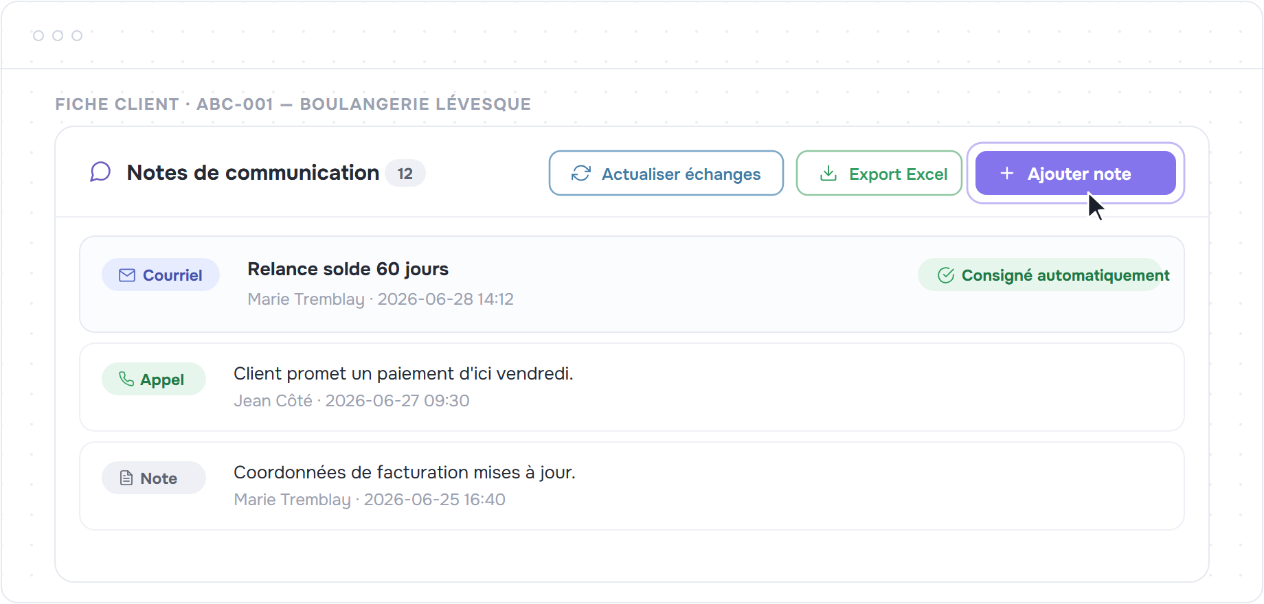 Section Notes de communication d'une fiche client avec le bouton Ajouter note et l'historique