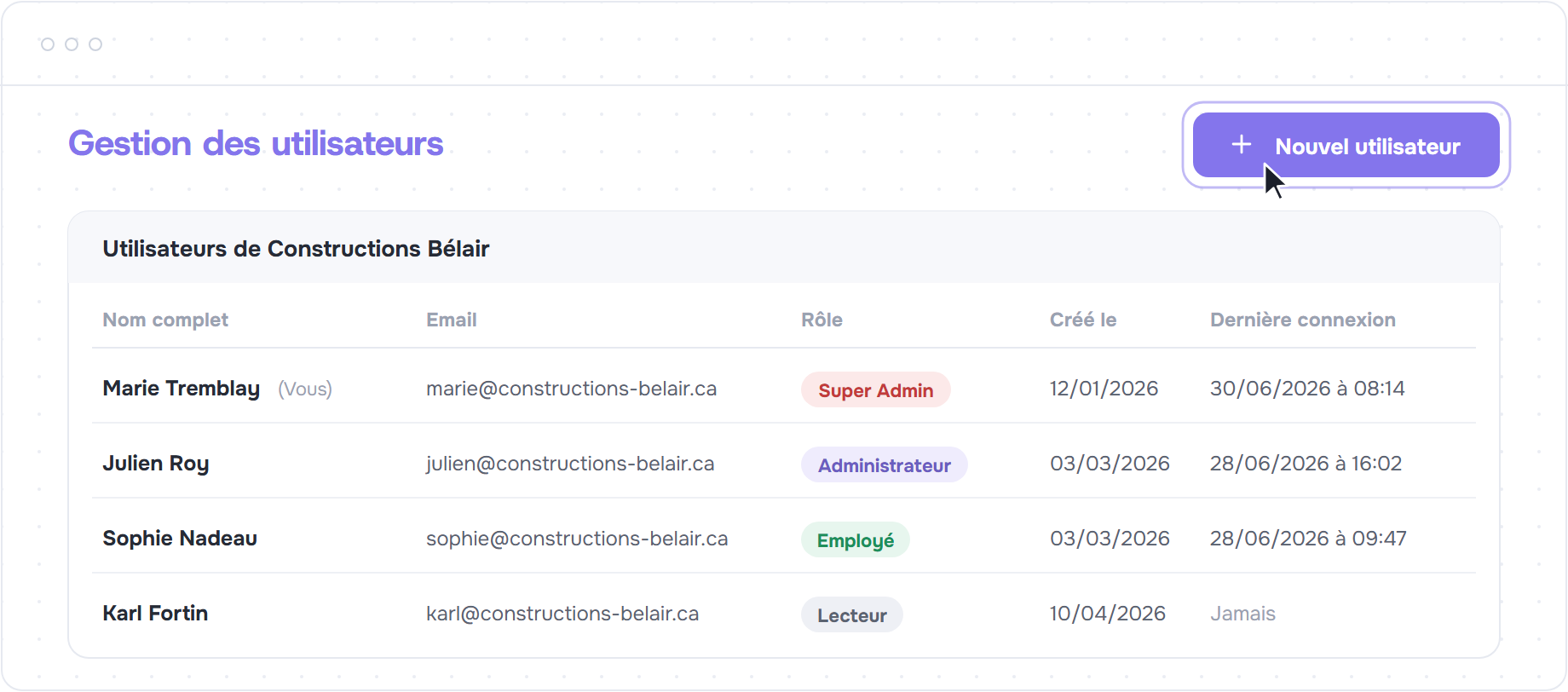 Liste des utilisateurs avec leurs rôles, dates de connexion et le bouton Nouvel utilisateur