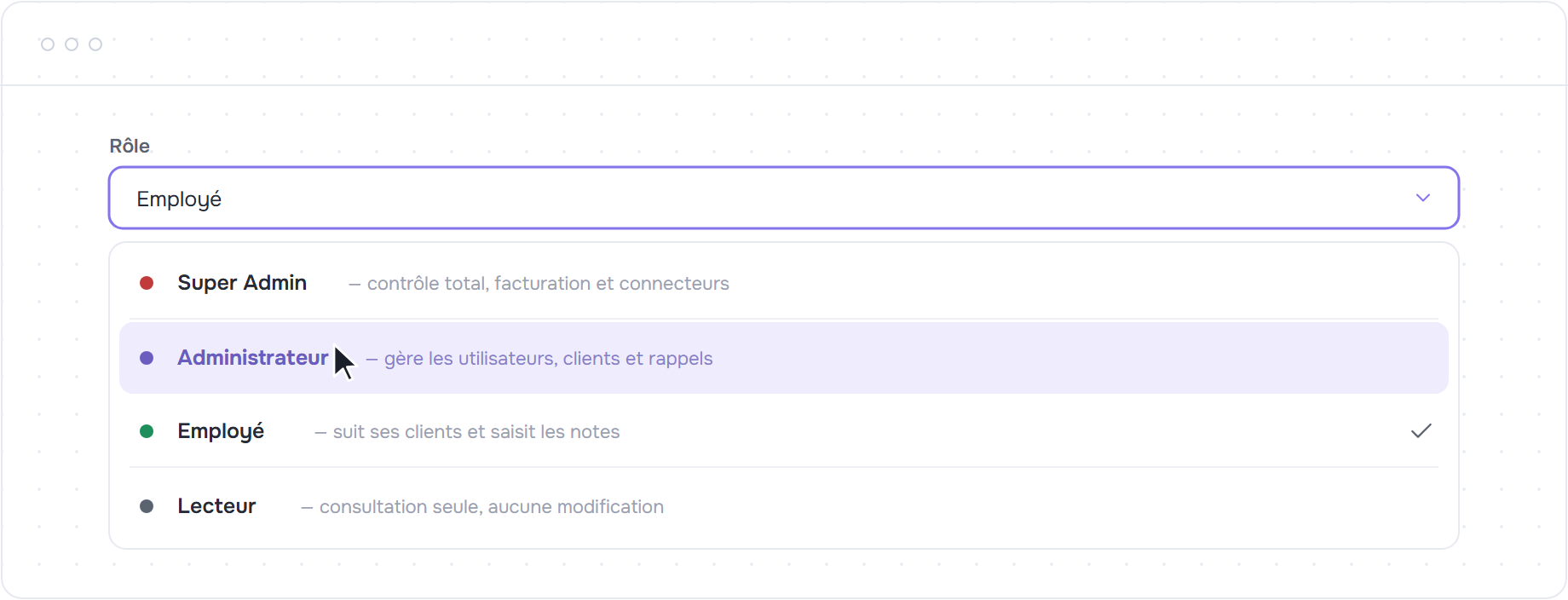 Menu déroulant des rôles ouvert sur Super Admin, Administrateur, Employé et Lecteur