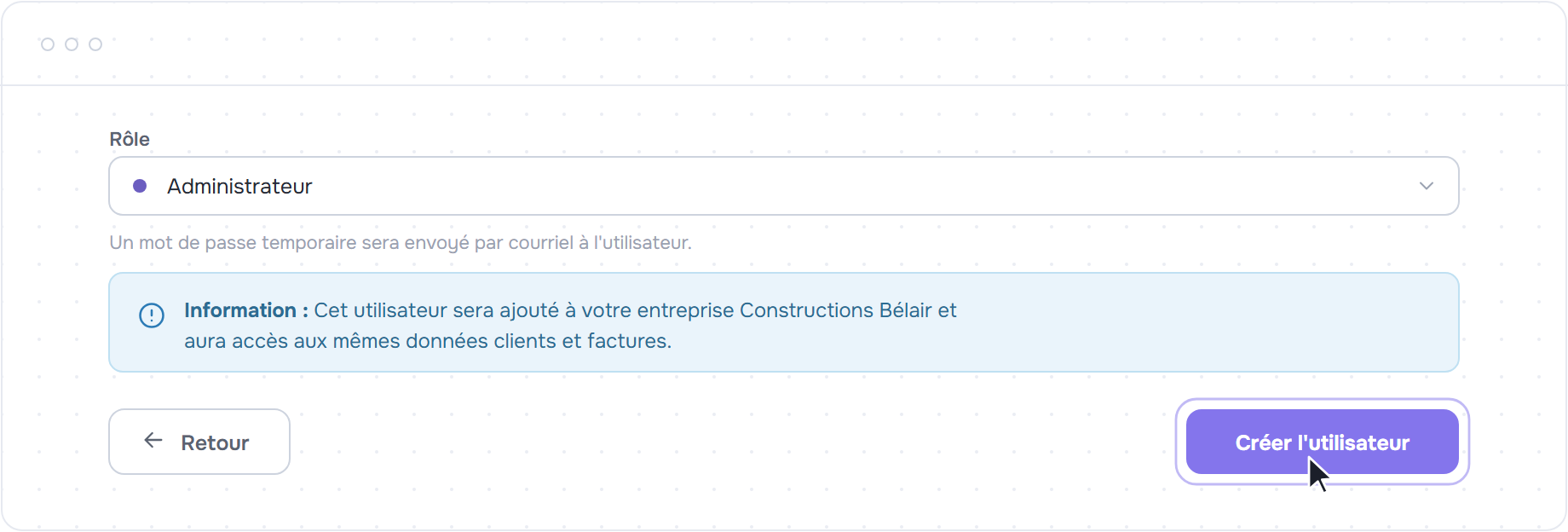 Encadré d'information et bouton Créer l'utilisateur