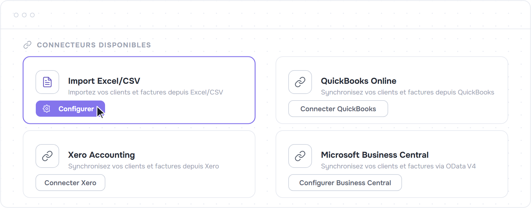 Carte Import Excel/CSV parmi les connecteurs disponibles, bouton Configurer