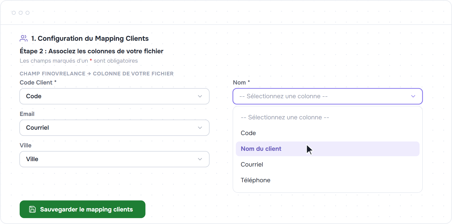 Ecran de mapping des colonnes clients avec un menu deroulant ouvert sur Nom du client