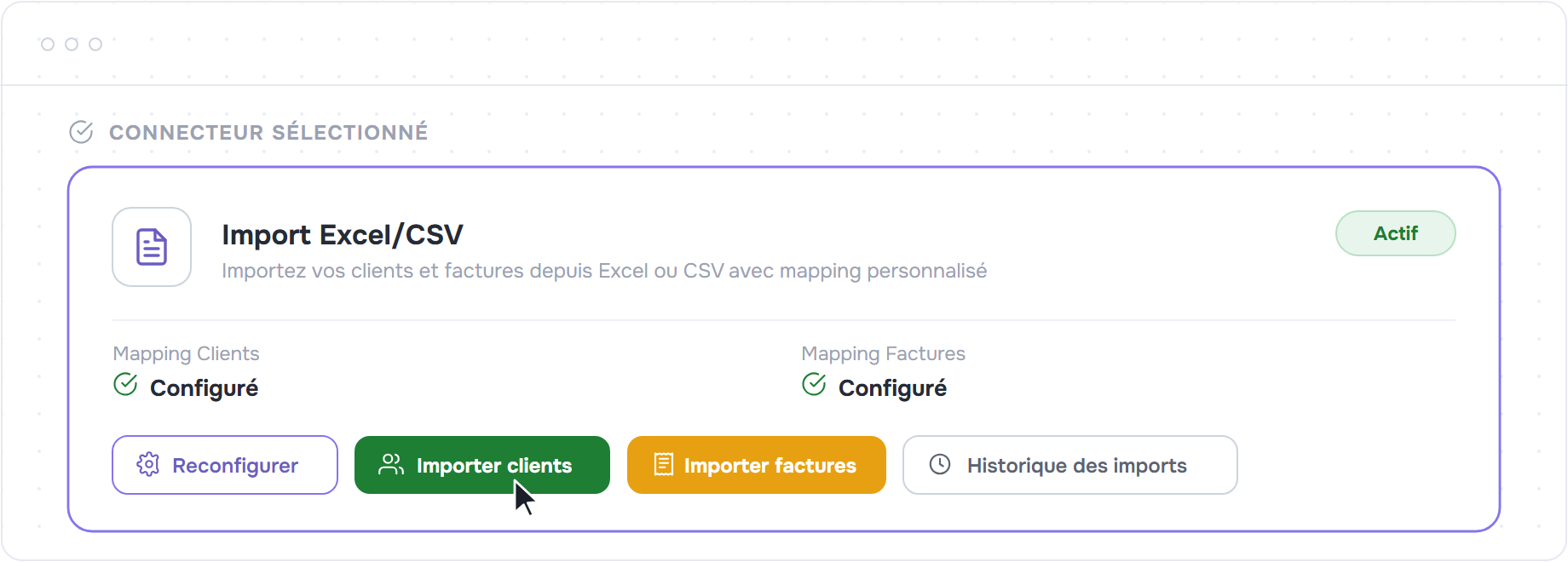 Carte du connecteur Import Excel/CSV actif avec les boutons Importer clients et Importer factures