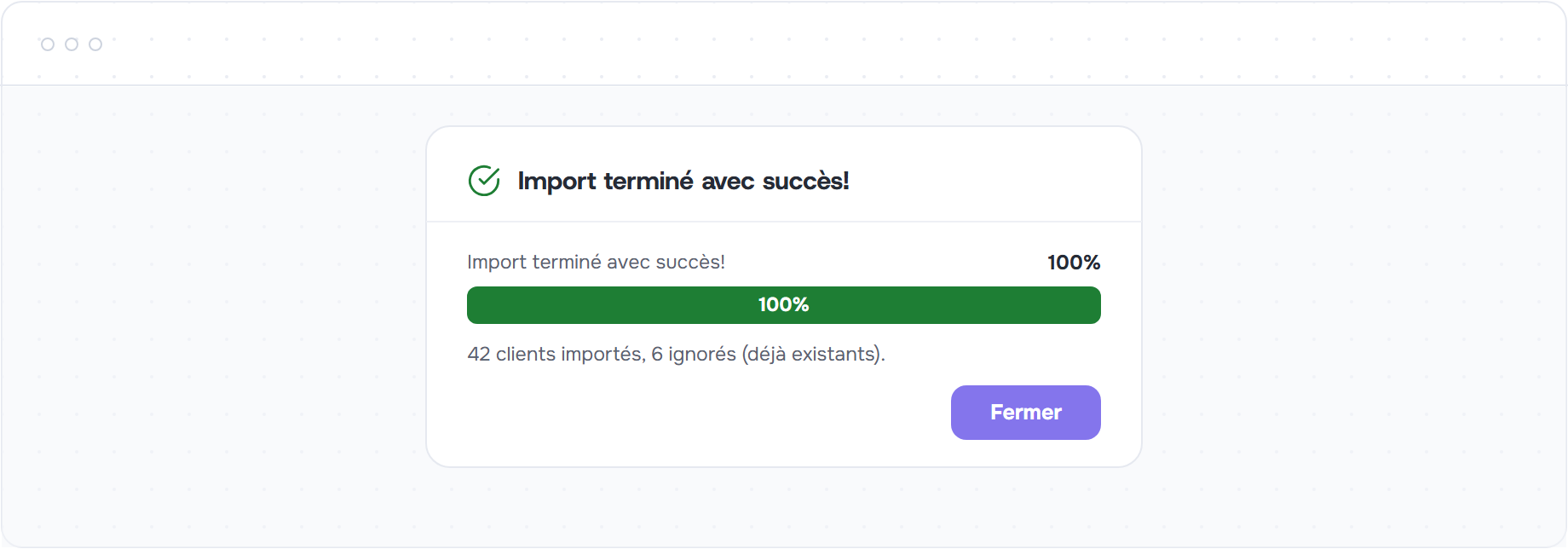 Fenetre de progression affichant le bilan de l'import termine