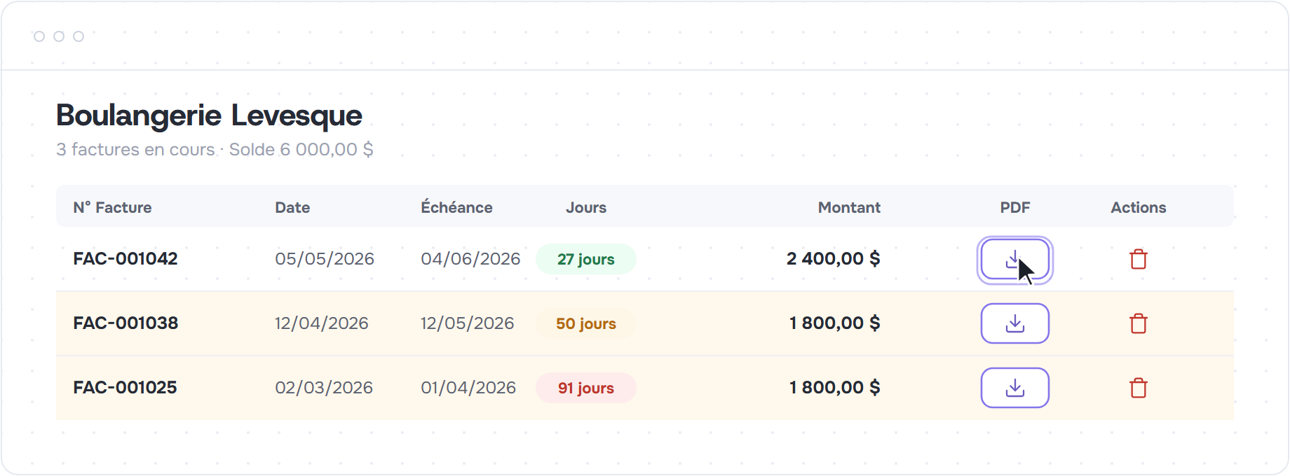 Liste des factures d'un client avec échéance, badge de jours coloré, montant et bouton PDF