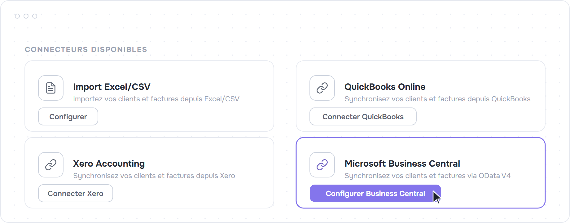 Carte Microsoft Business Central avec le bouton Configurer Business Central