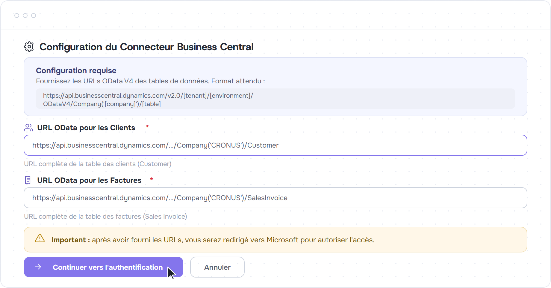 Formulaire des deux URLs OData V4 pour Customer et SalesInvoice