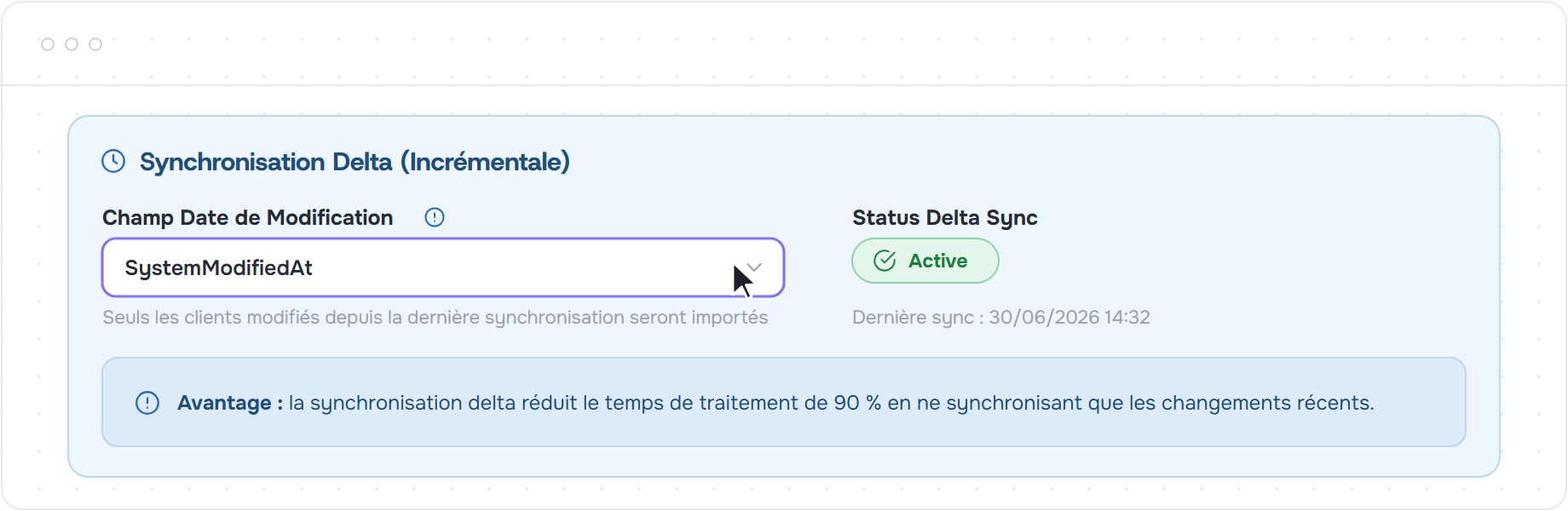 Section Synchronisation Delta avec le champ Date de Modification