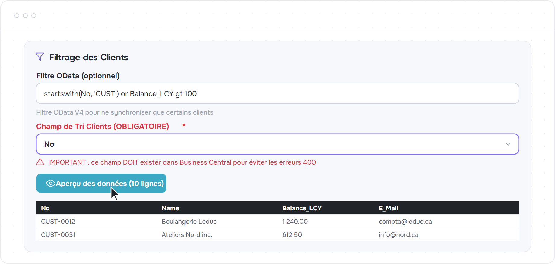 Filtre OData, champ de tri obligatoire et aperçu des données clients