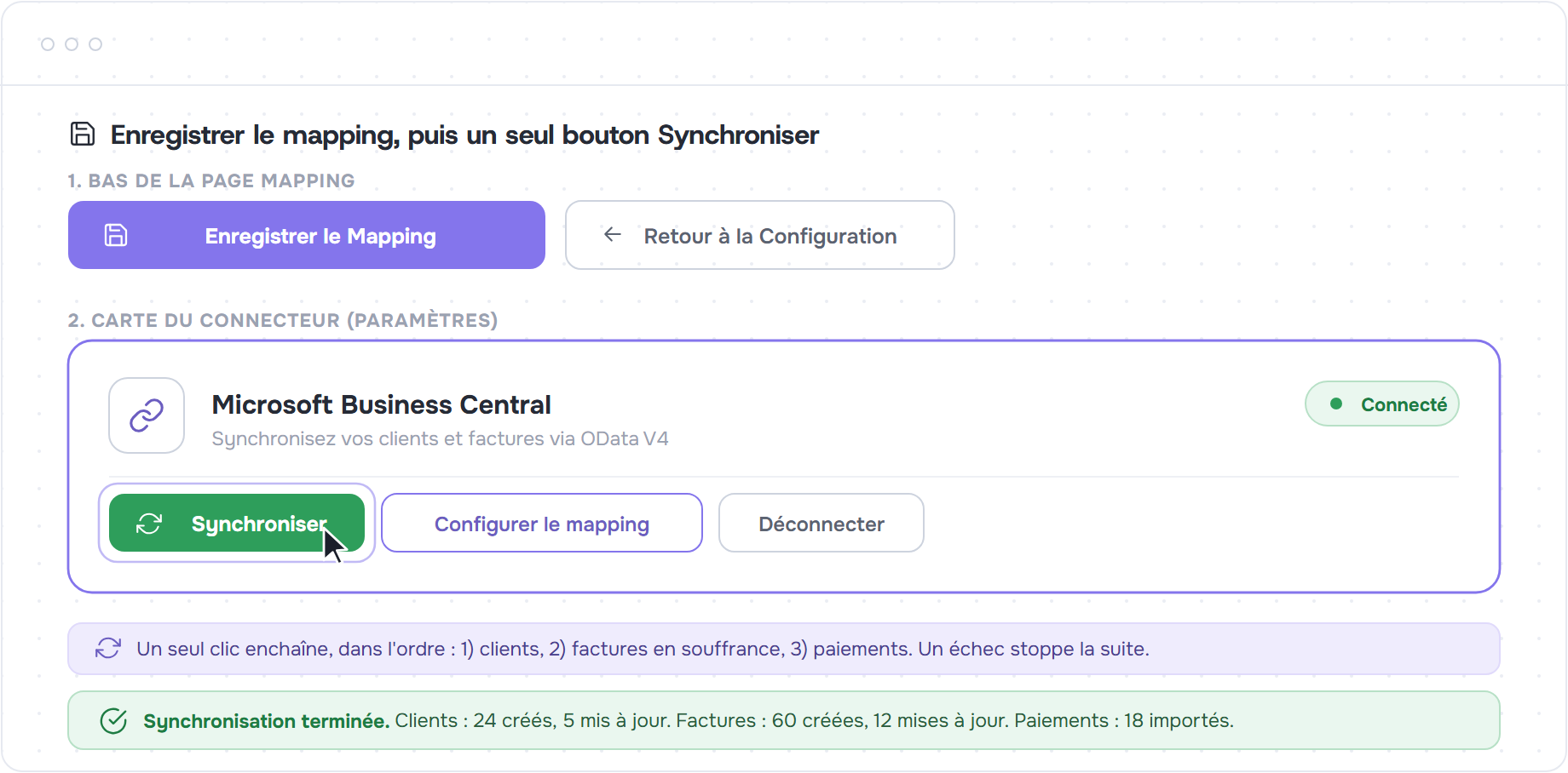 Bouton Enregistrer le Mapping, bouton unique Synchroniser et bilan par catégorie