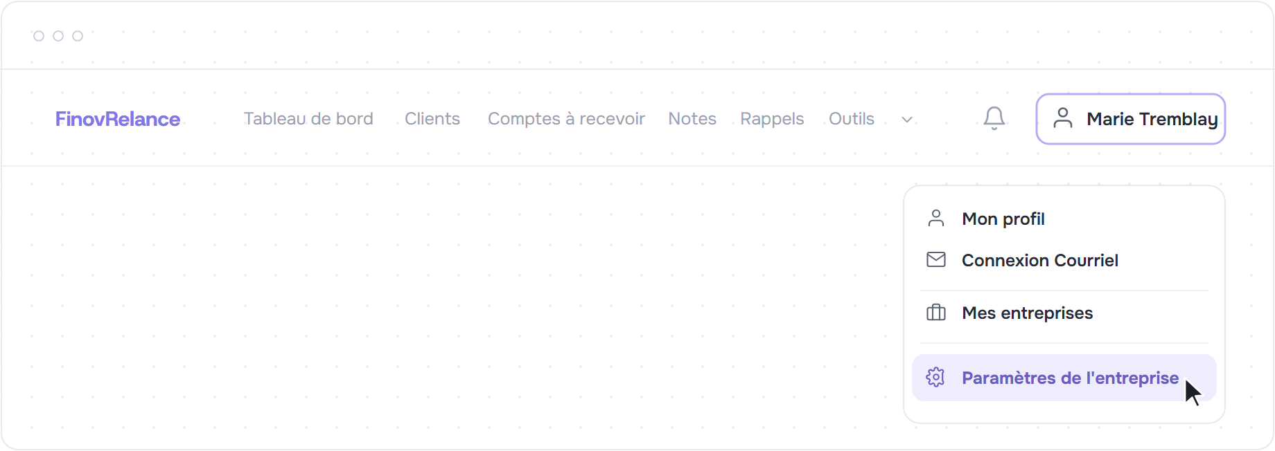 Menu utilisateur ouvert sur Parametres de l'entreprise