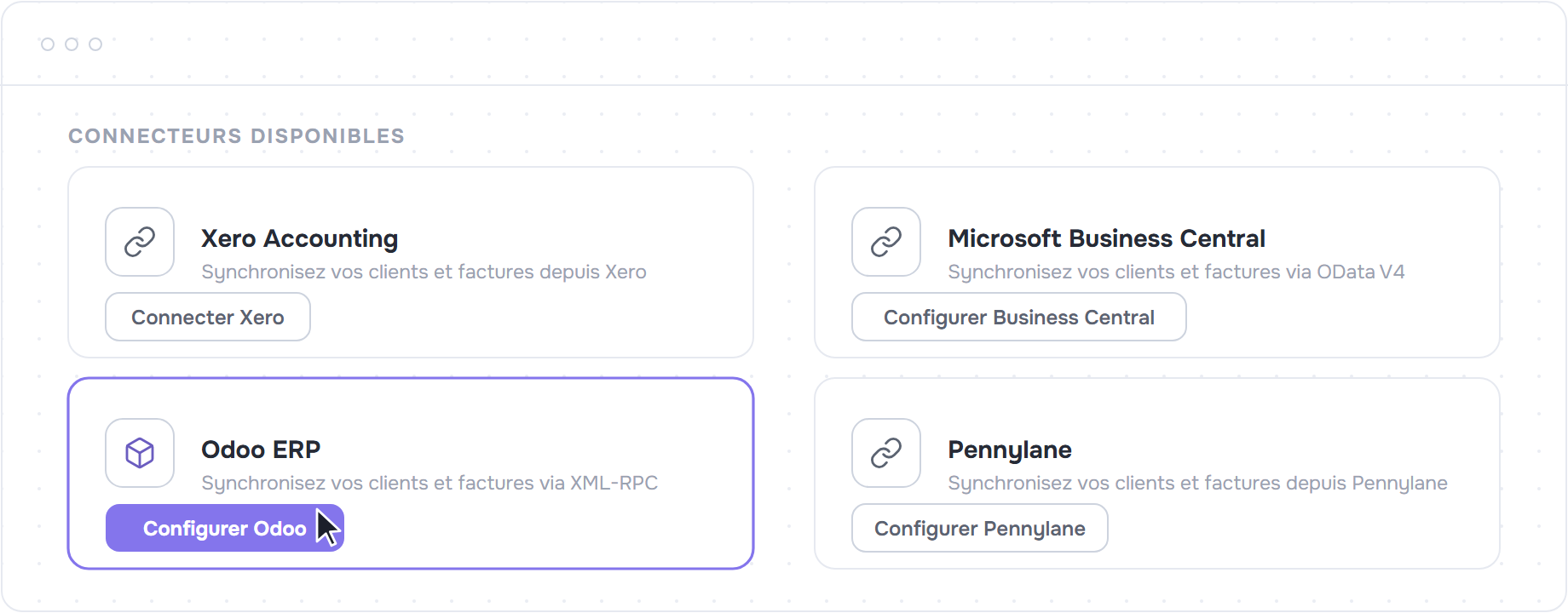 Cartes des connecteurs disponibles, bouton Configurer Odoo