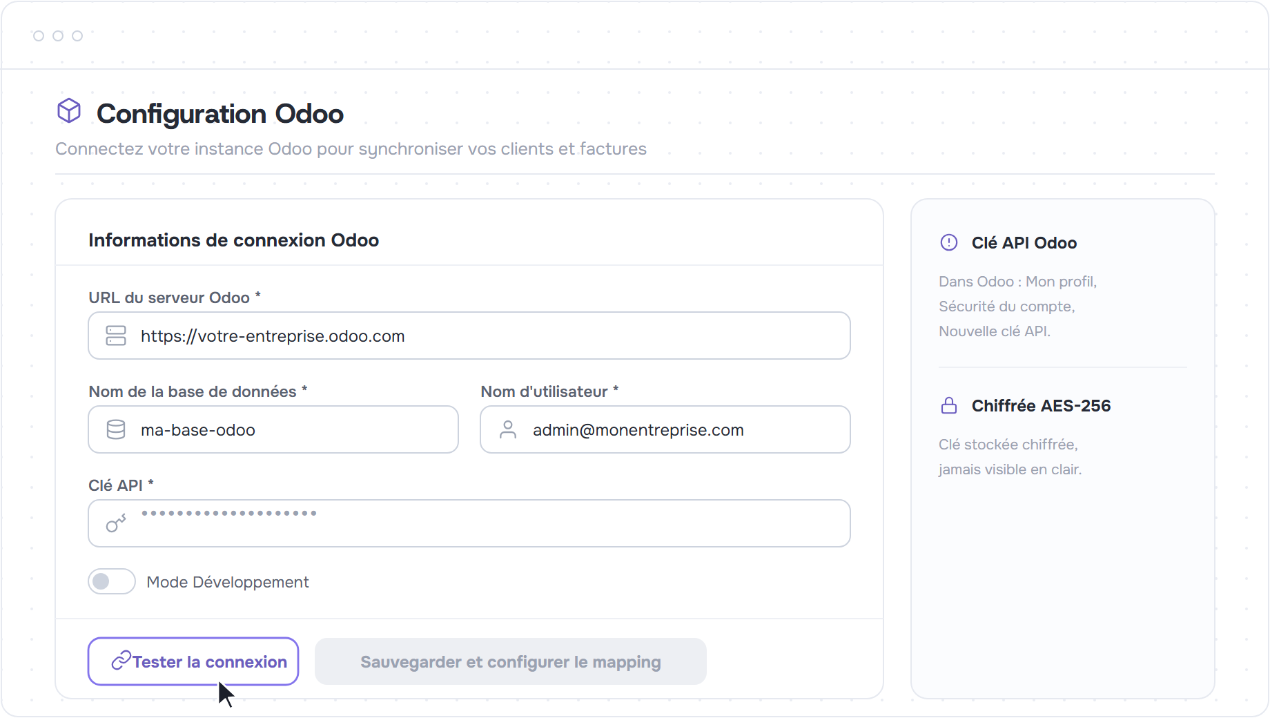Formulaire de connexion Odoo avec URL, base de donnees, utilisateur et cle API