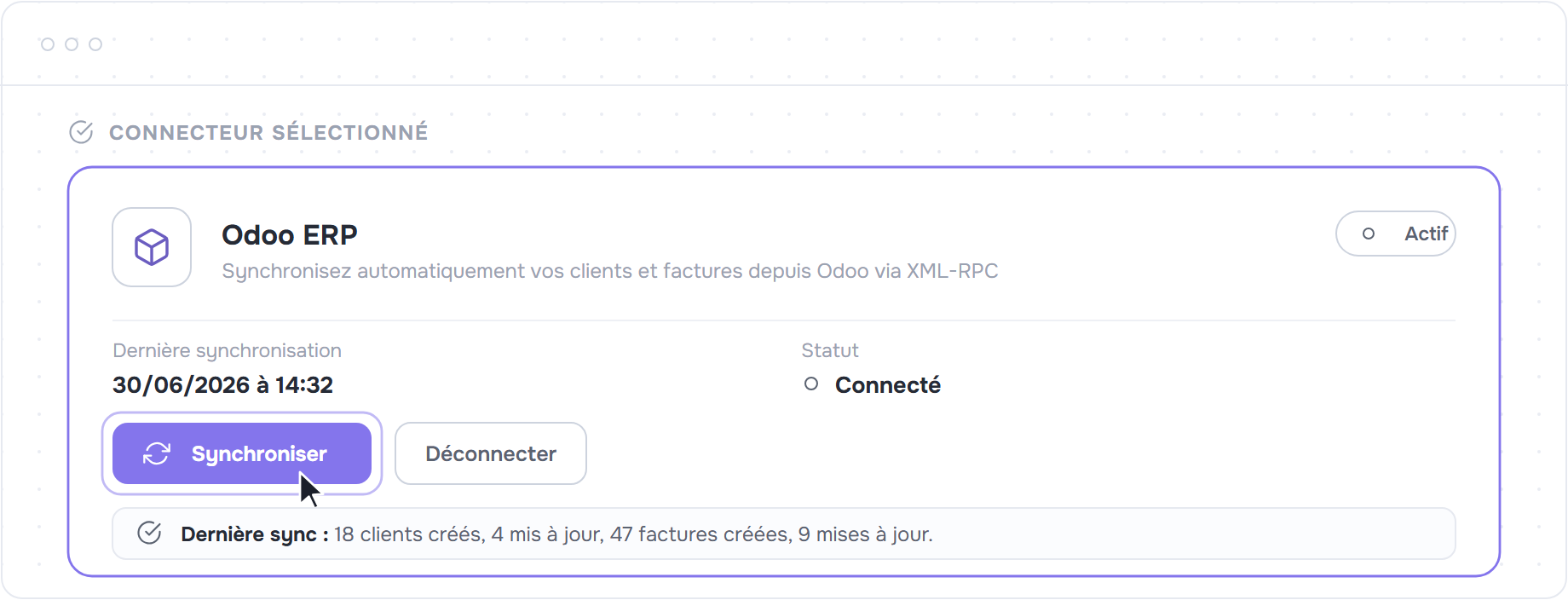 Carte du connecteur Odoo actif avec bouton Synchroniser et bandeau de bilan