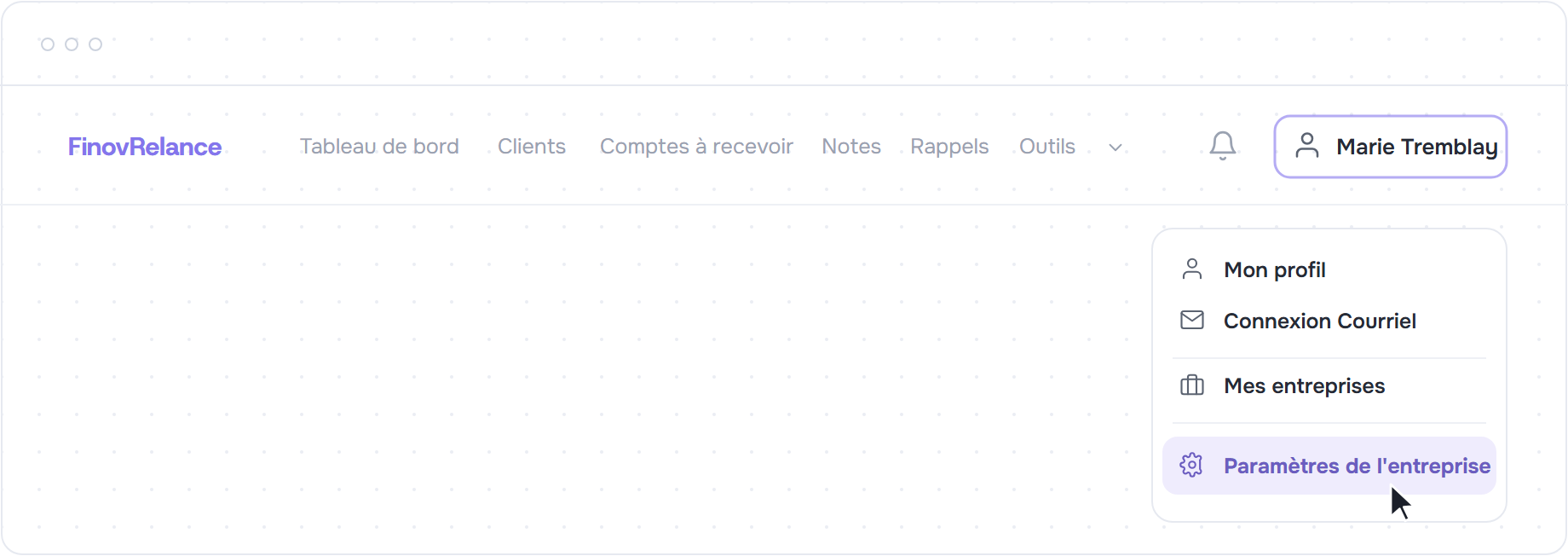 Menu utilisateur ouvert sur Paramètres de l'entreprise