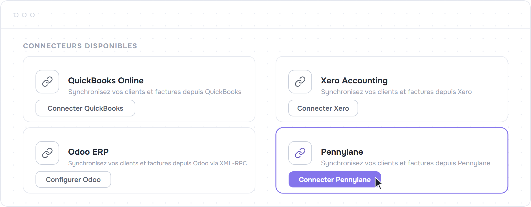 Cartes des connecteurs disponibles, bouton Connecter Pennylane
