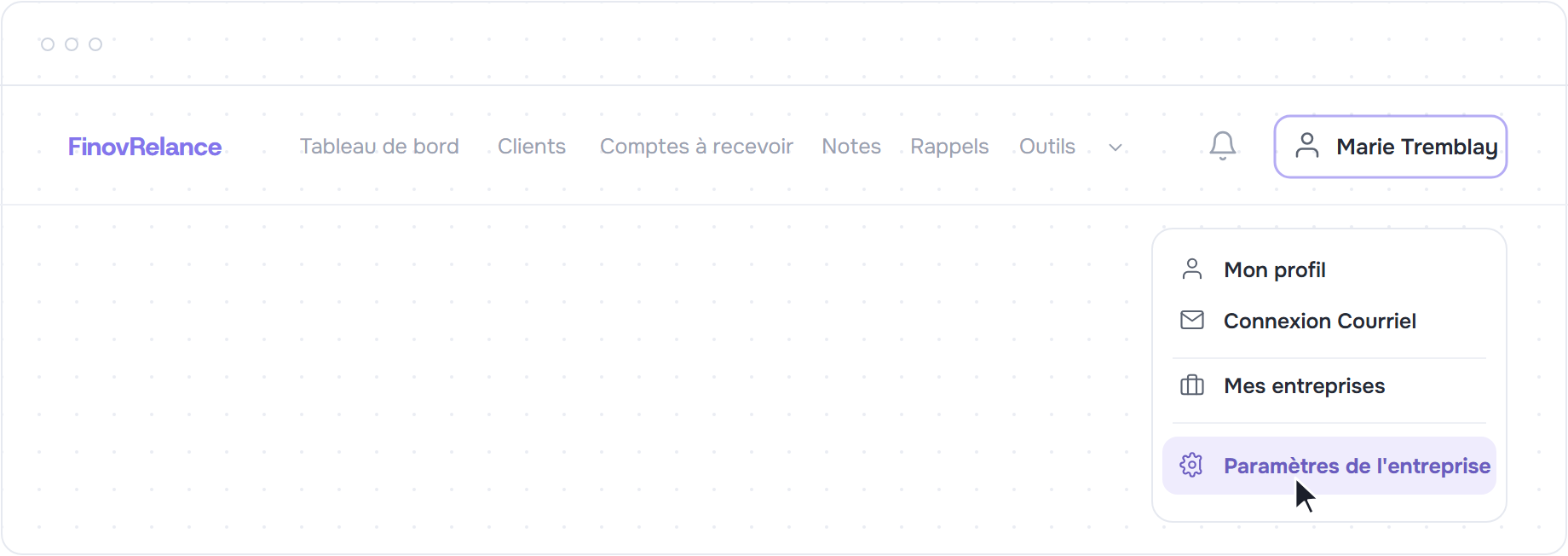 Menu utilisateur ouvert sur Parametres de l'entreprise