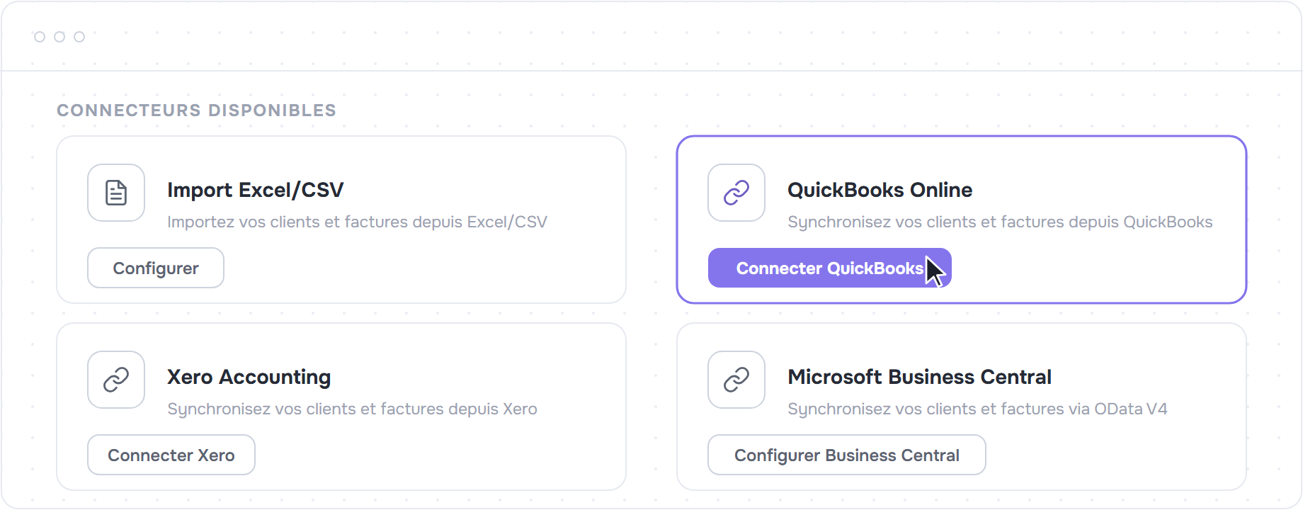 Cartes des connecteurs disponibles, bouton Connecter QuickBooks