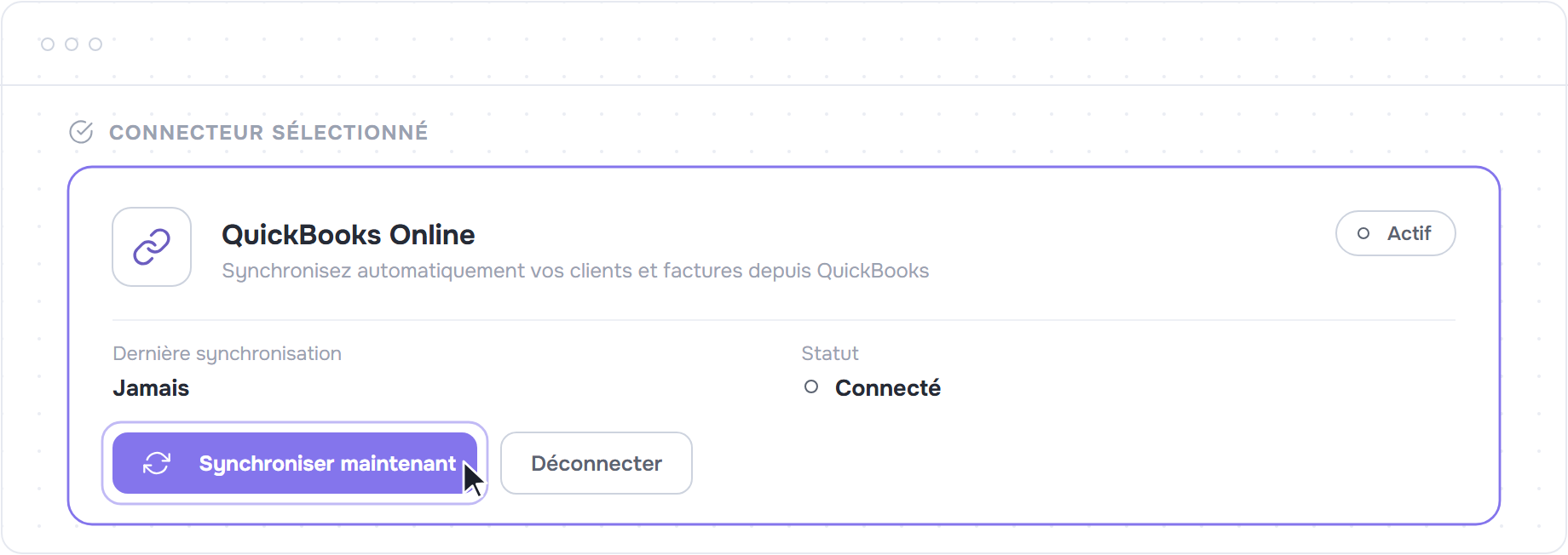Carte du connecteur QuickBooks actif avec le bouton Synchroniser maintenant