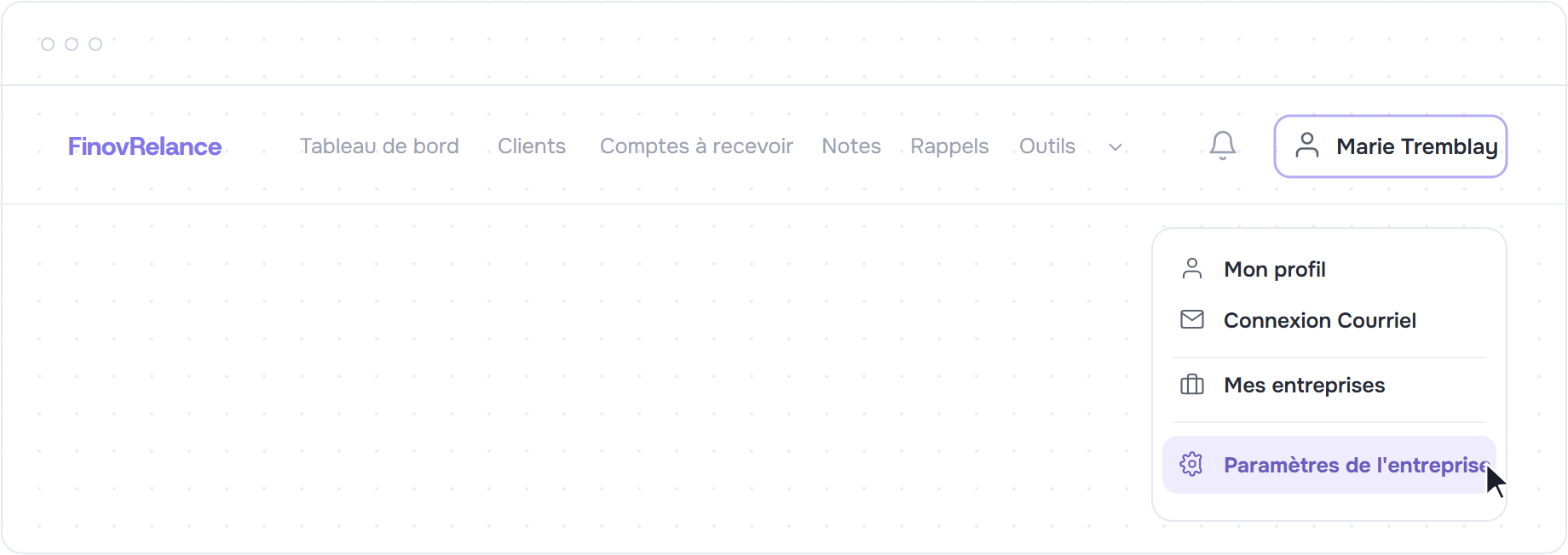Menu utilisateur ouvert sur Paramètres de l'entreprise