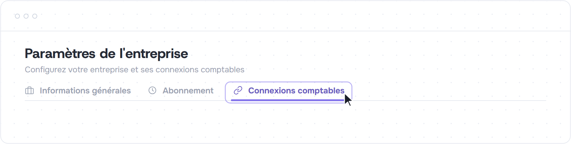 Onglet Connexions comptables des paramètres de l'entreprise