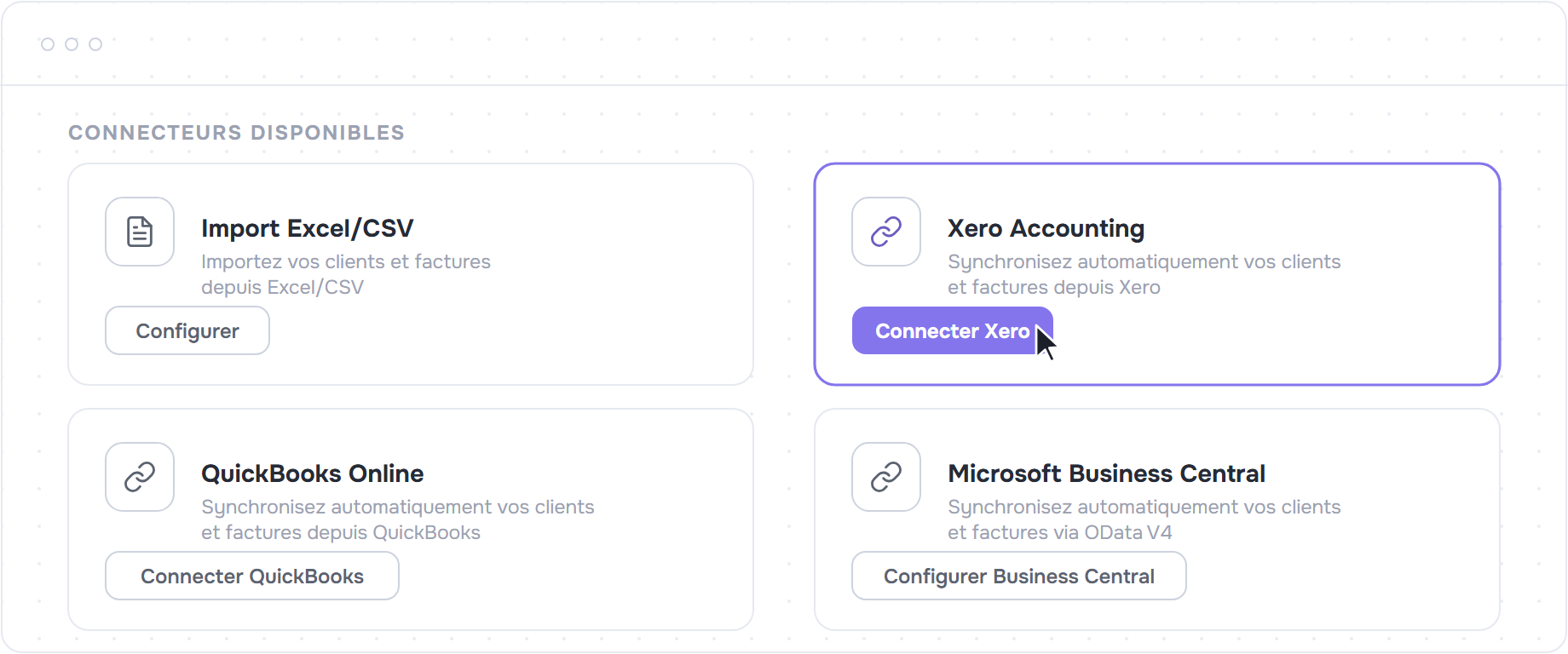 Cartes des connecteurs disponibles, bouton Connecter Xero