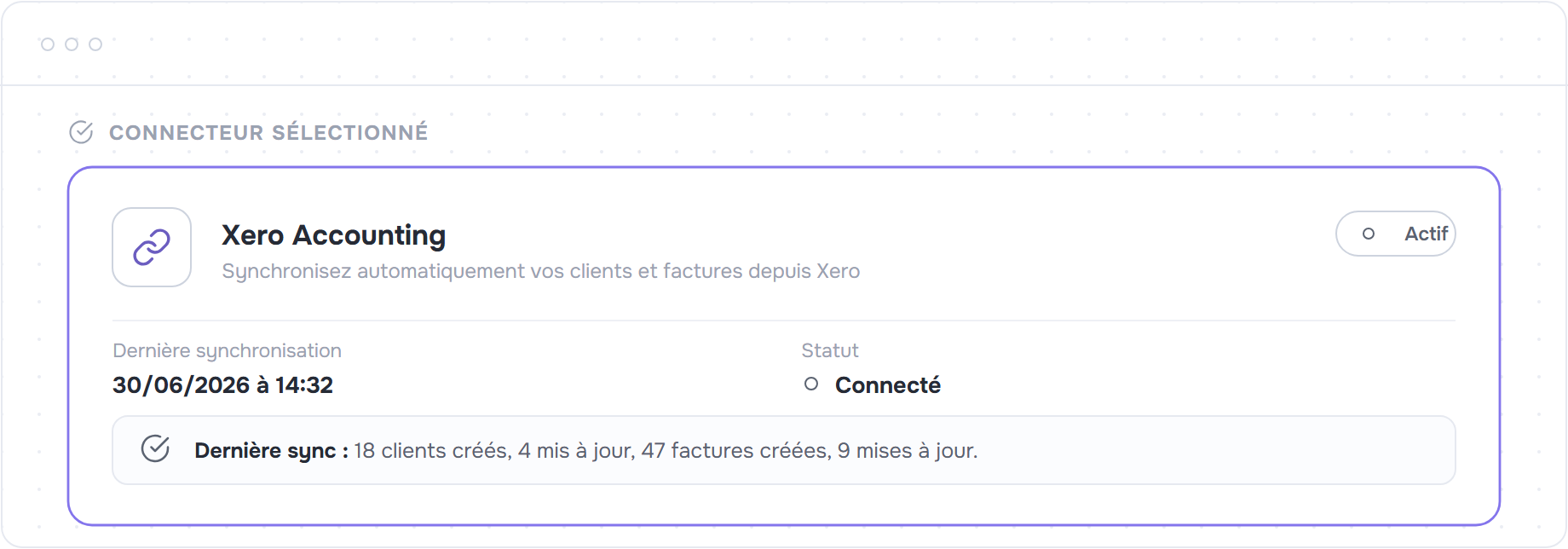 Bandeau de bilan de synchronisation réussie